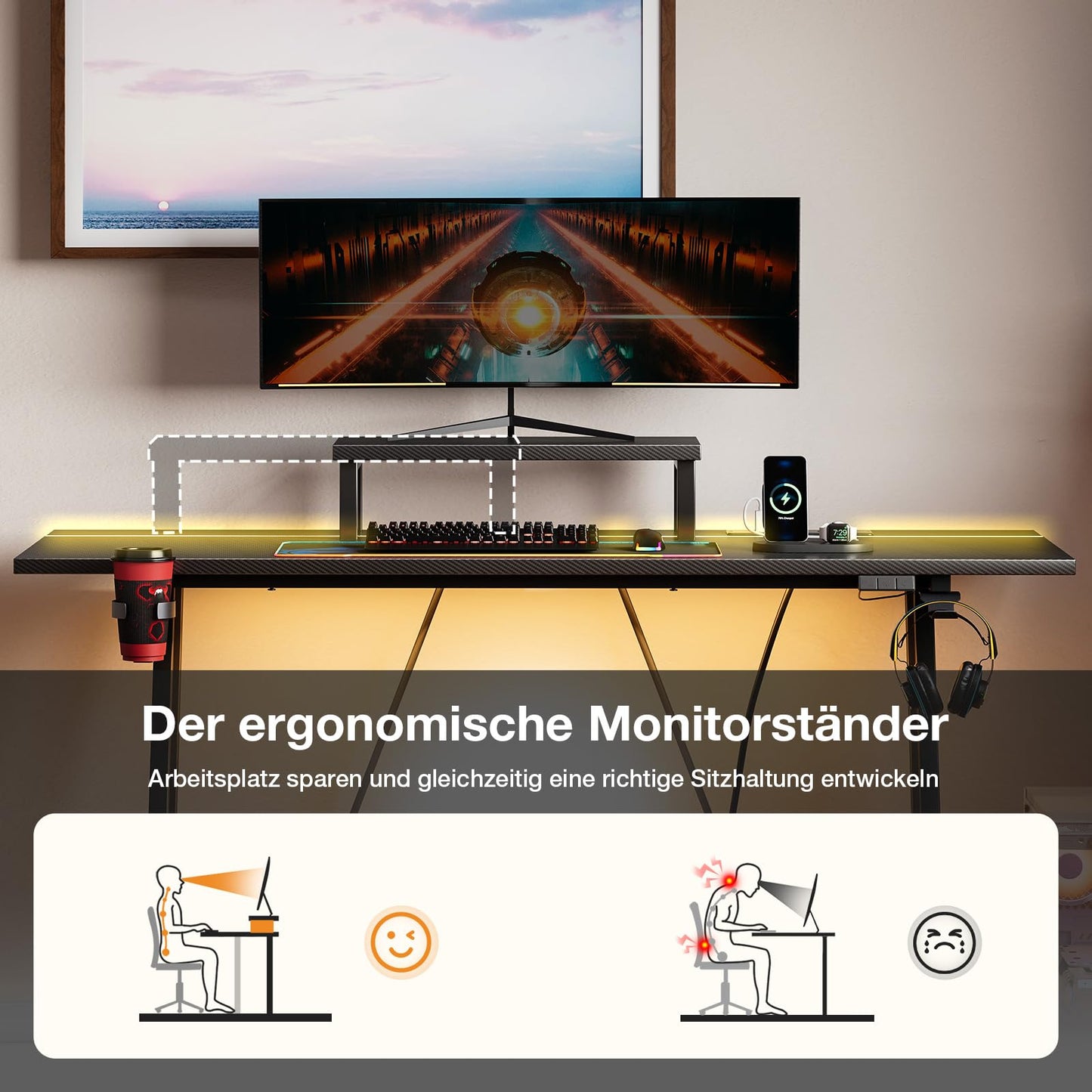 ODK Gaming Tisch mit LED & Steckdose, Gaming Schreibtisch mit Becherhalter und Kopfhörerhaken, Doppel-Z-Rahmen-Design Kleiner Computertisch, Carbon Fiber Schwarz PC Tisch 120 cm