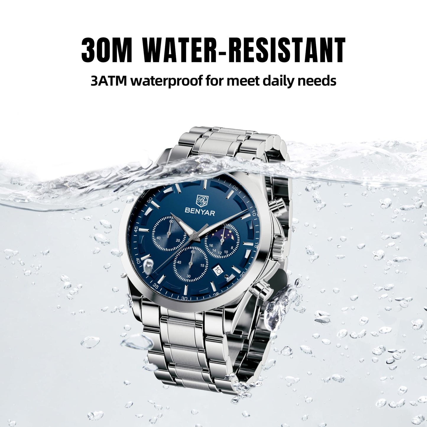 BY BENYAR Uhren Herren Chronograph Analog Quarz Wasserdicht Armbanduhr Herren Mode Lässig Business Herrenuhr mit Kalender Lederarmband/Edelstahlarmband Uhr Geschenk für Männer