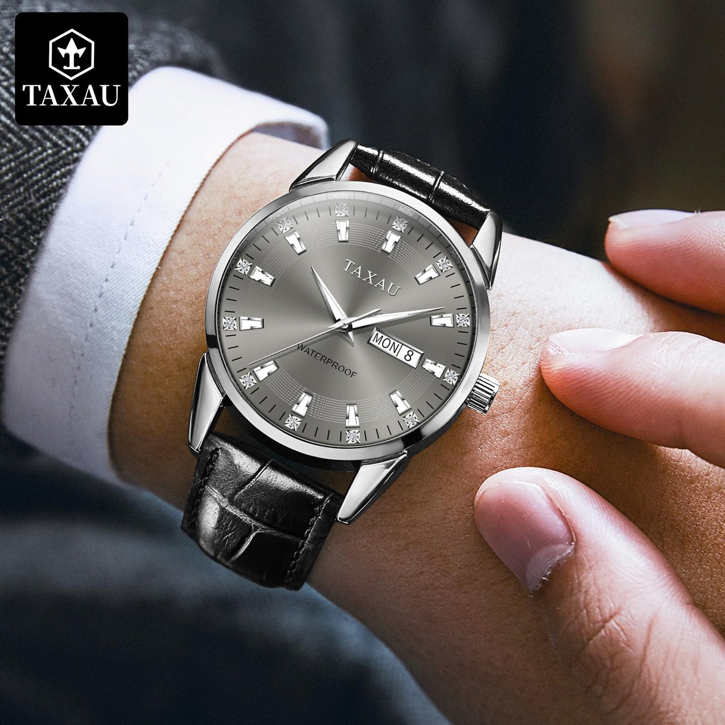 Taxau Klassische Lederuhren für Männer Analog Quartz Big Dial Luxus Armbanduhren Wasserdicht Luminous Day Date Reloj para Hombre