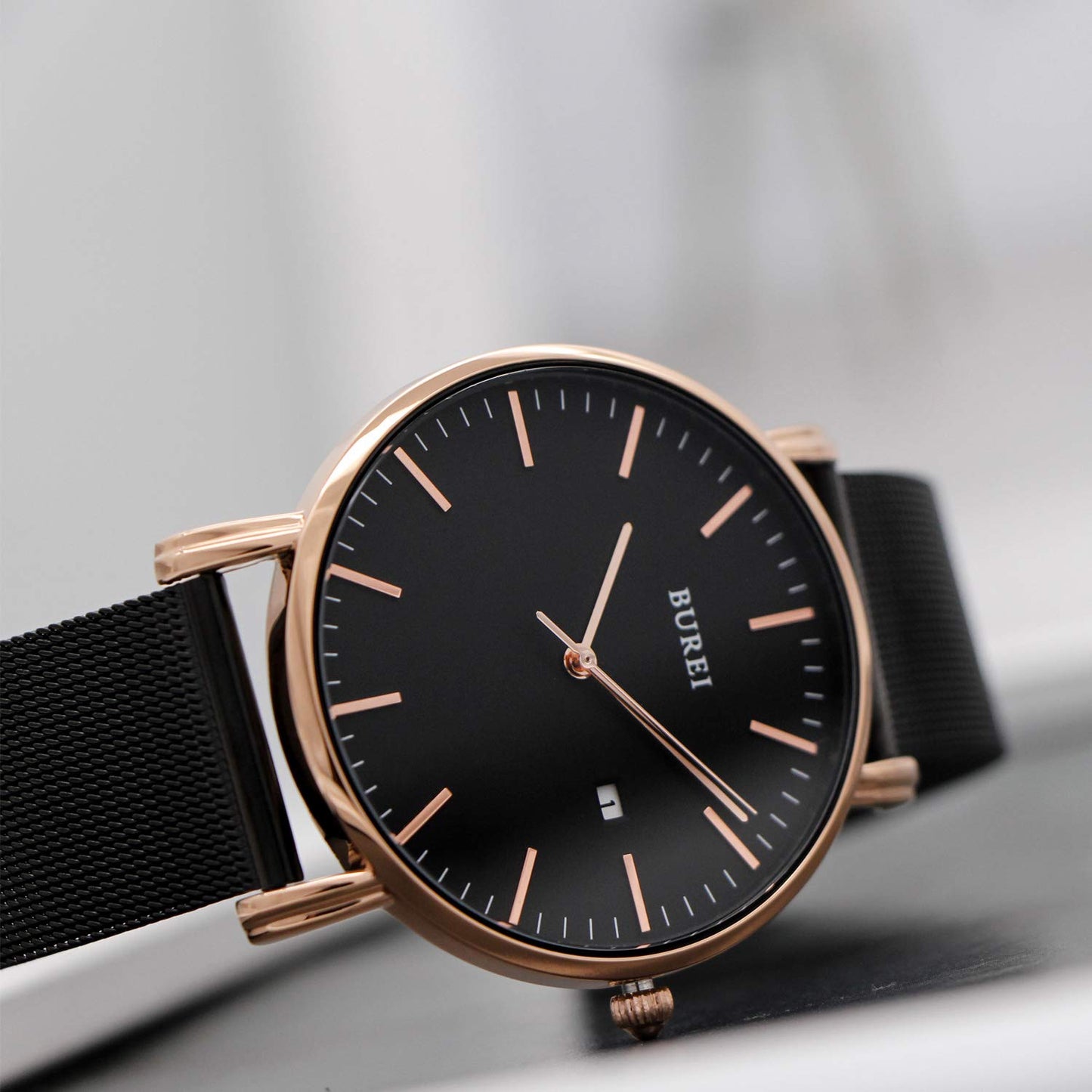 BUREI Ultra Dünne Uhren Herren Schwarze Analoges Datum Armbanduhr Herren mit Japanisches Quarzwerk, Geschenke für Männer