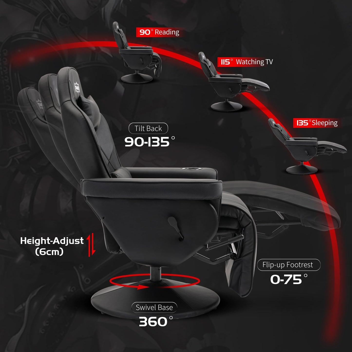 S*MAX Gaming Stuhl mit Fußstütze Gaming Sessel hoher Rückenlehne mit Verstellbarer Rückenlehne Becherhalter Seitentasche Gaming Stühle für Erwachsene Schwarz