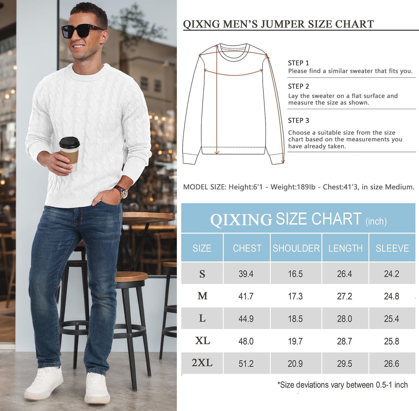 QIXING Men’s Cable Knit Sweater – Chunky Crewneck Pullover