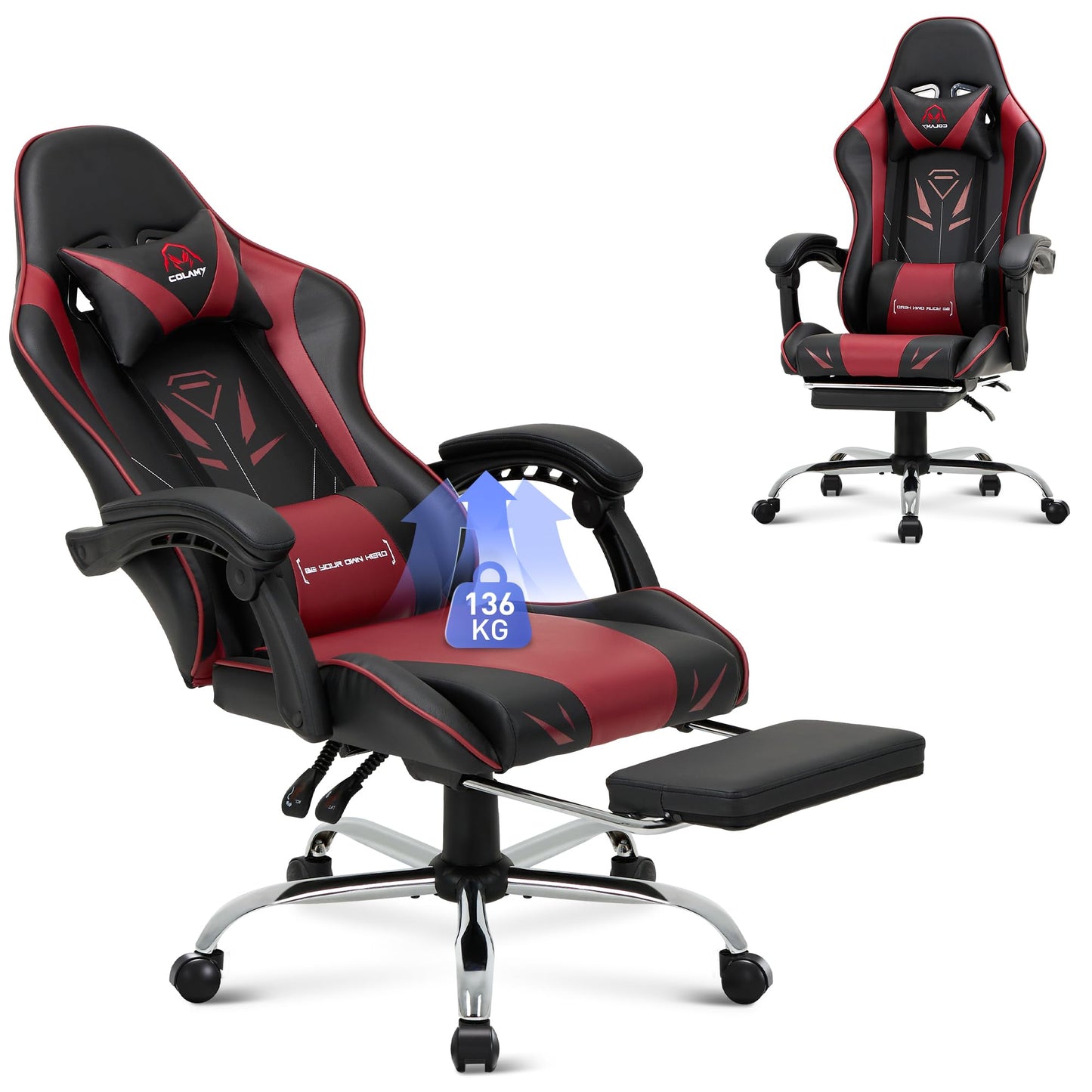 COLAMY Gaming Stuhl, Computer Stuhl mit Fußstütze und Lendenwirbelstütze, höhenverstellbarer Gaming Chair mit 360°-Drehsitz und Kopfstütze, Video Gamer PC Stuhl, Ergonomische hohe Rückenlehne, Weiß