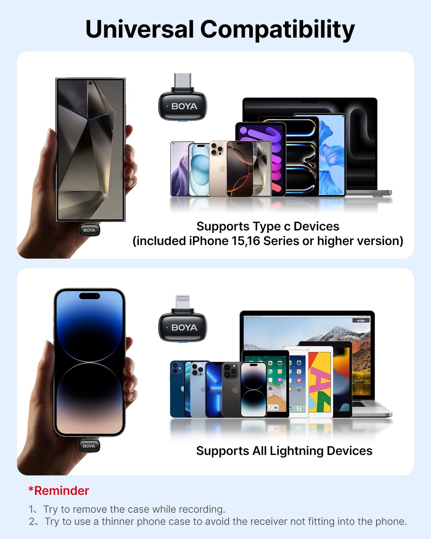 Boya Mini Wireless Lavalier-Mikrofon für Lightning/Type-C, Ultra-Mini-Mikrofon mit AI Voice Change, Rauschunterdrückung und Ladekoffer, Metall-Clip auf Mikrofon Vlogging TikTok YouTube