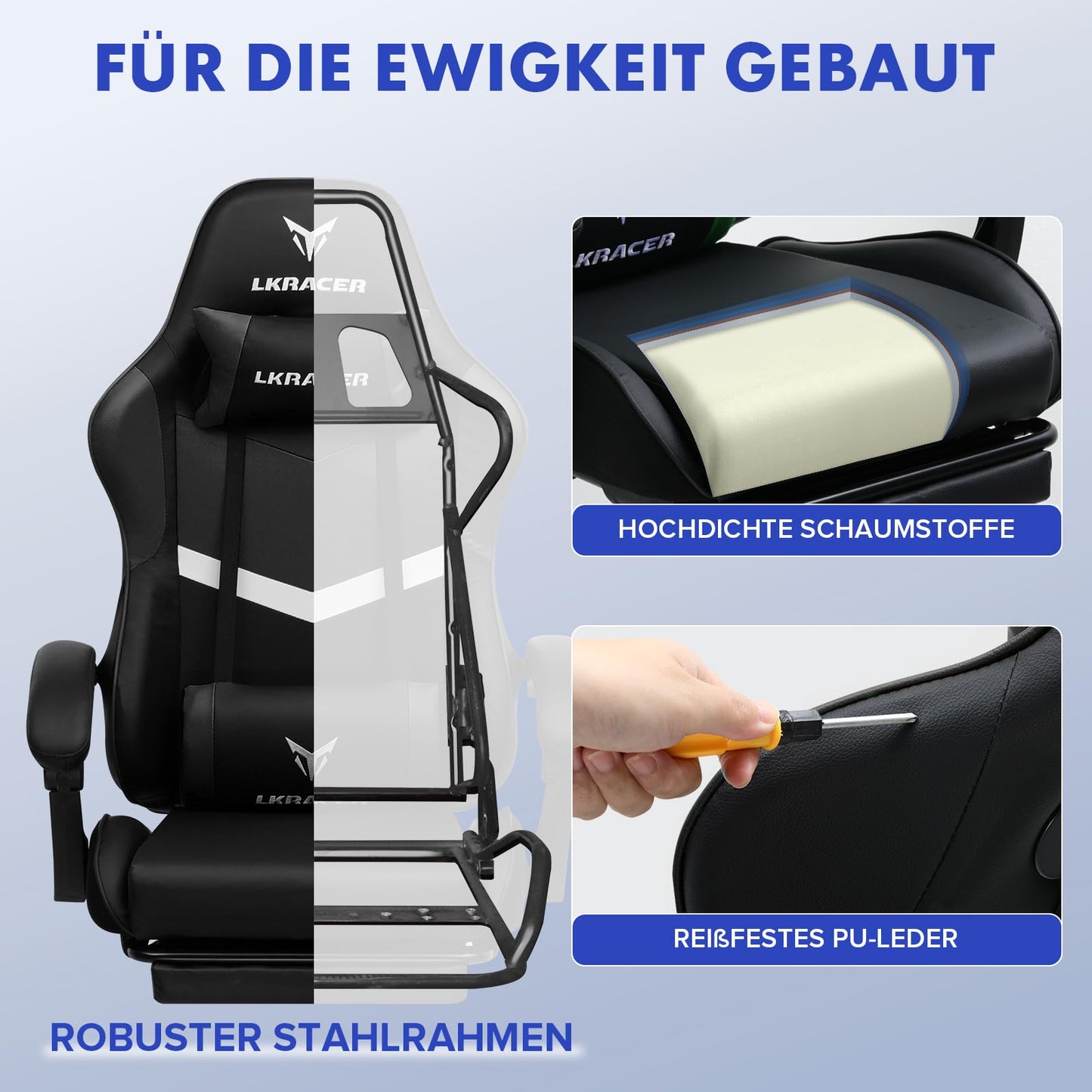 LUCKRACER Gaming Stuhl mit fußstütze Bürostuhl Ergonomisch mit verstellbare Lendenkissen, Kopfkissen Gaming Chair,Höhenverstellbarer Gamer Stuhl, 150 kg Belastbarkeit Grau