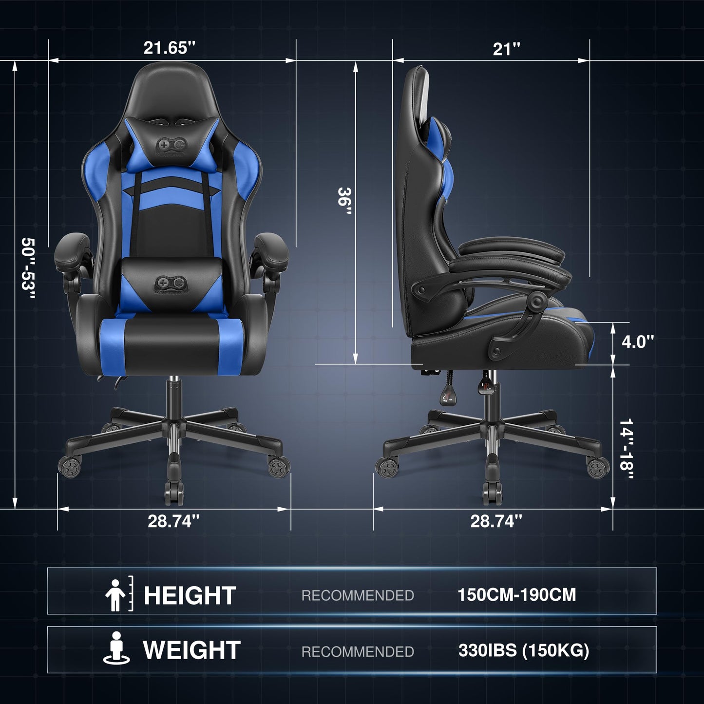 OneGame Ergonomischer Gaming Stuhl, hoher Rücken Computer Gamer Stuhl, höhenverstellbarer Game Stuhl, Racing Style Gaming Bürostuhl mit Kopfstütze und Lendenwirbelstütze, Schwarzweiß