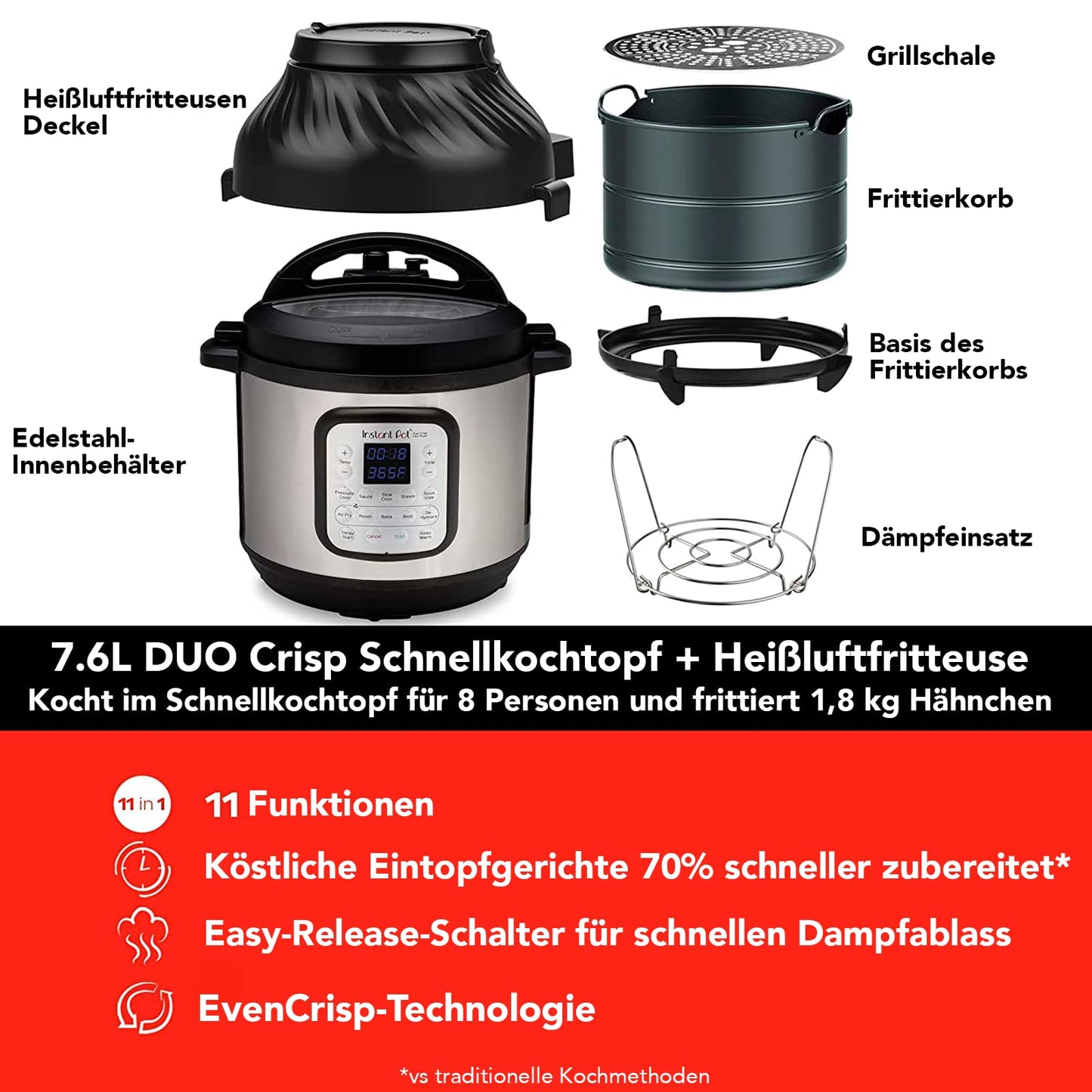 Instant Pot Duo Crisp + Heißluftfritteuse 11-in-1 Elektro-Multikocher - Schnellkochtopf, Luftfritteuse, Schongarer, Dampfgarer, Dehydrator mit Grill, Warmhalte- und Backfunktion, Edelstahl