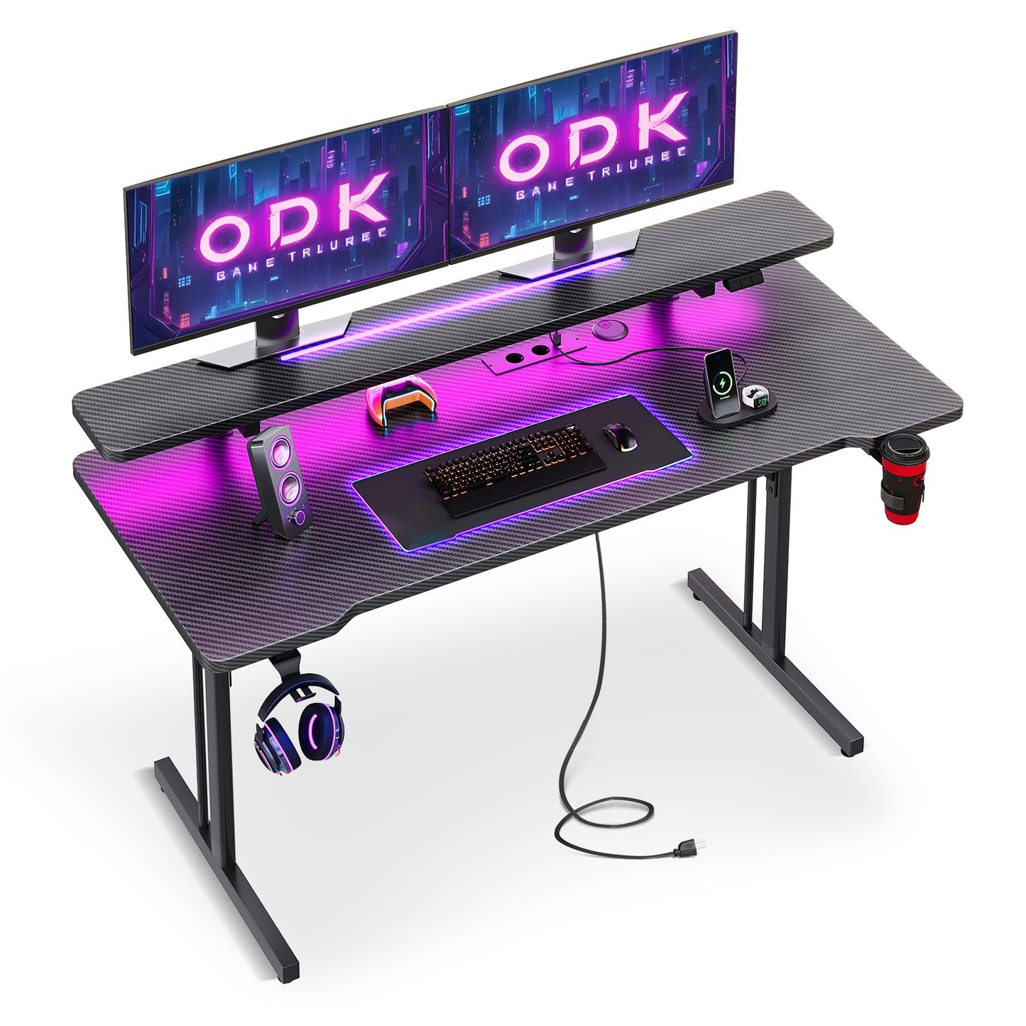 ODK Gaming Tisch, Kleiner Gaming Schreibtisch mit LED Beleuchtung & Steckdosen, Computertisch mit Monitorablage, Carbon Fiber Schwarz PC Gamer Tisch 100cm