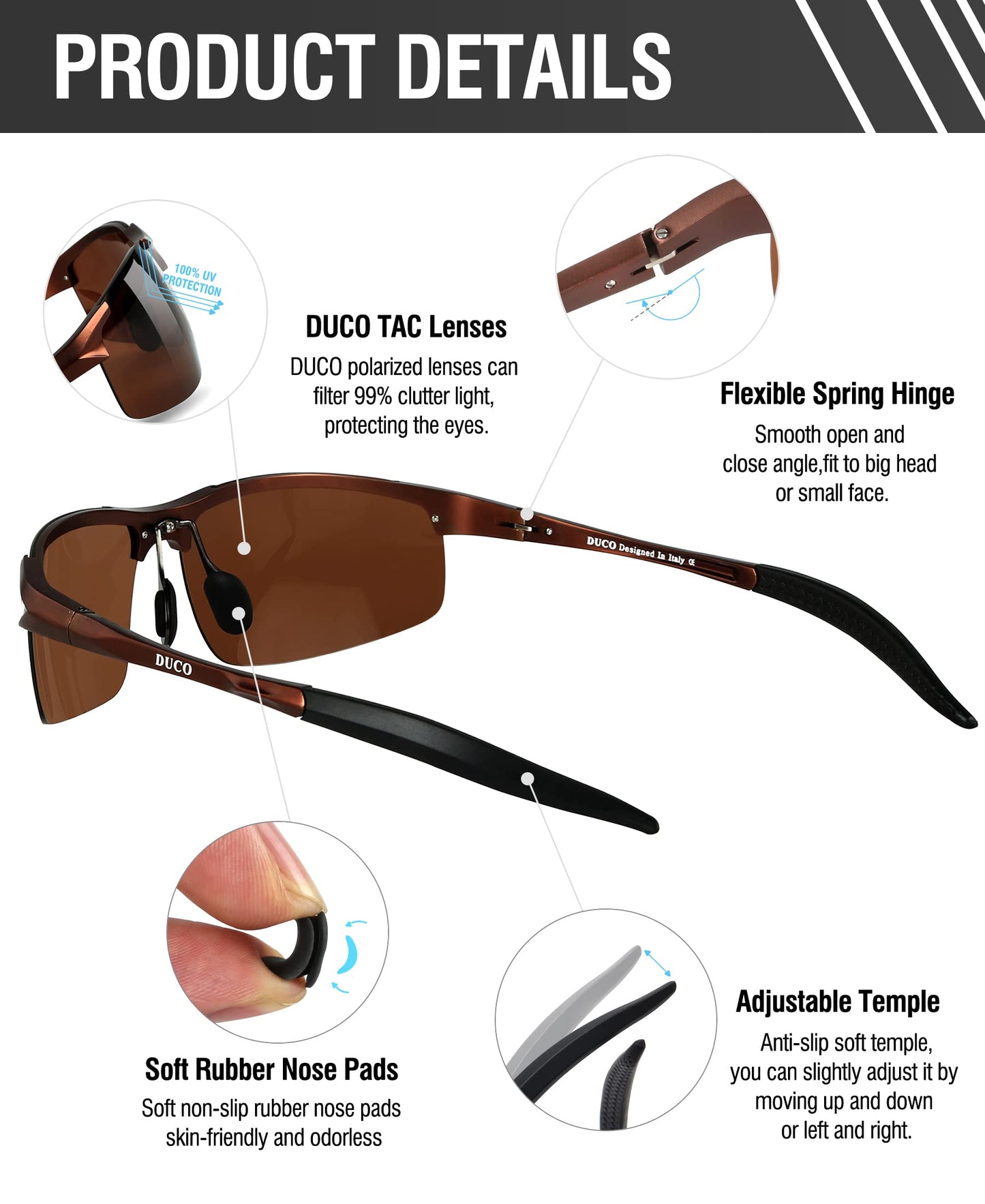 DUCO Herren Sportbrille Polarisierte Sonnenbrille Fahrerbrille Ultraleichte Al-Mg Metallrahmen UV400-Schutz Männer Sonnenbrillen 8177S
