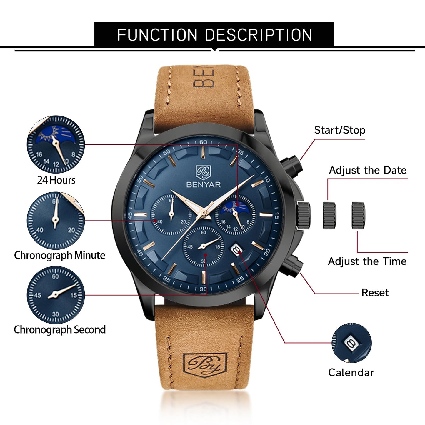 BY BENYAR Uhren Herren Chronograph Analog Quarz Wasserdicht Armbanduhr Herren Mode Lässig Business Herrenuhr mit Kalender Lederarmband/Edelstahlarmband Uhr Geschenk für Männer