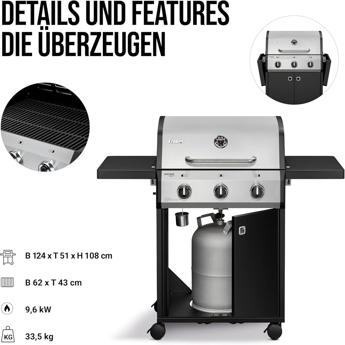 Enders® Gasgrill Chicago Next 3, 3-Edelstahlbrenner, doppelwandige Garhaube, Gussrost, 2 abklappbare Seitenablagen, integriertes Thermometer, 9,6 kW #89396