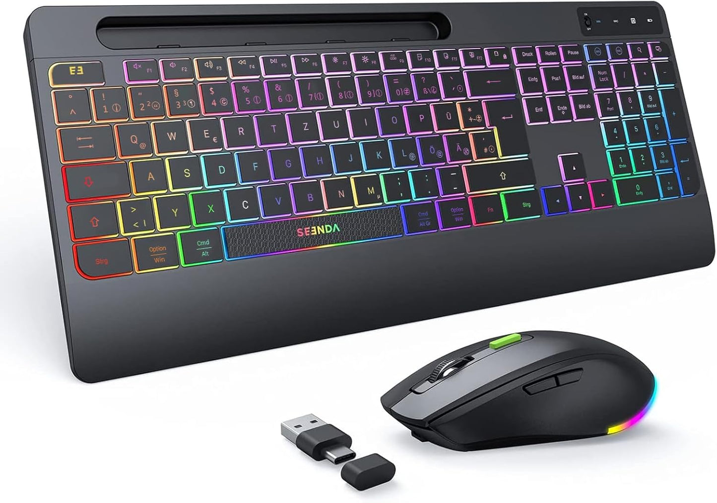 seenda Tastatur Maus Set kabellos beleuchtet, wiederaufladbare USB & Typ C Funktastatur mit Maus mit Handyhalter und Handballenauflage für PC/Windows/Mac, leise Klicken & QWERTZ Layout, Schwarz