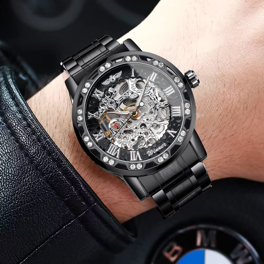 FORSINING Gewinner Retro Manuelle mechanische Skelett Uhr mit Diamantschnitzen Blume Handwerk Männer Armbanduhr Klassische römische Zahl, Schwarze Goldfarbe