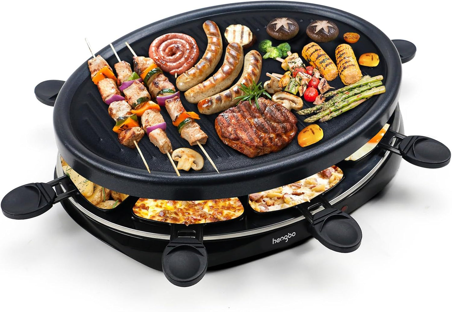 Raclette 8 Personen - Raclette Grill mit 8 Raclette Pfännchen und 2 Holzspateln Antihaftbeschichtung Thermostat Barbecue Grill Elektrische Grillpfannen für Familie - 1300W