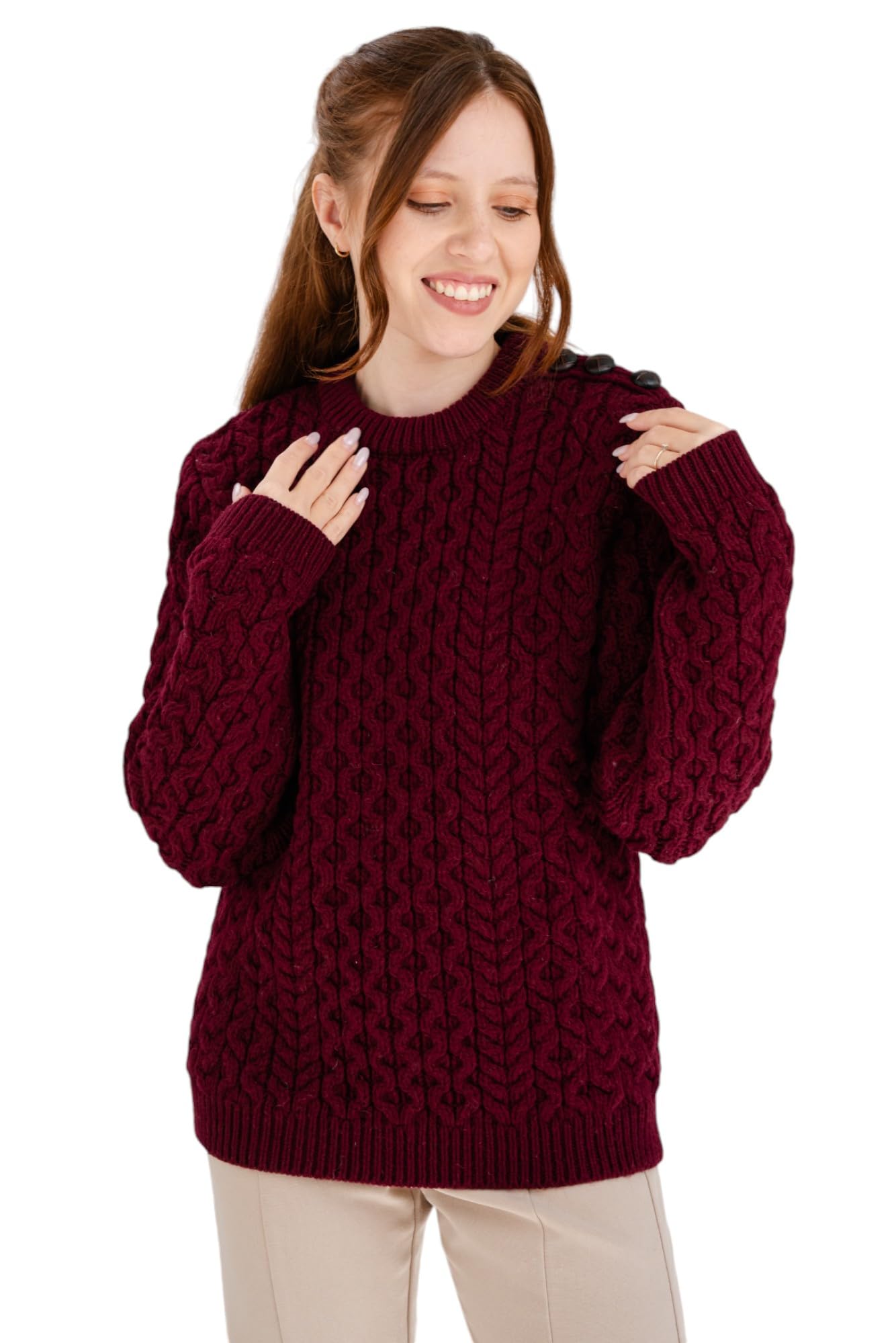 SAOL Women’s Merino Wool Sweater – Aran Knit with Side Buttons