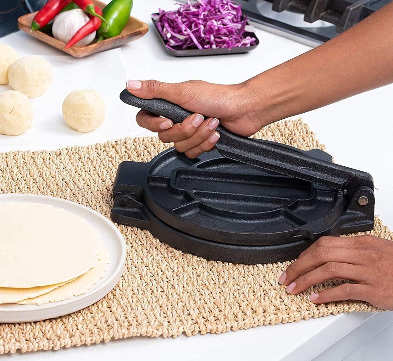 Tortilla Presse - Gusseisen Tortilla Press 25cm, Roti Maker, Pre-Seasoned Tortilla Maker, Heavy- Duty Taco Presse, Justierbare Tortilla Presse für hausgemachte Tortillas, Schwarz