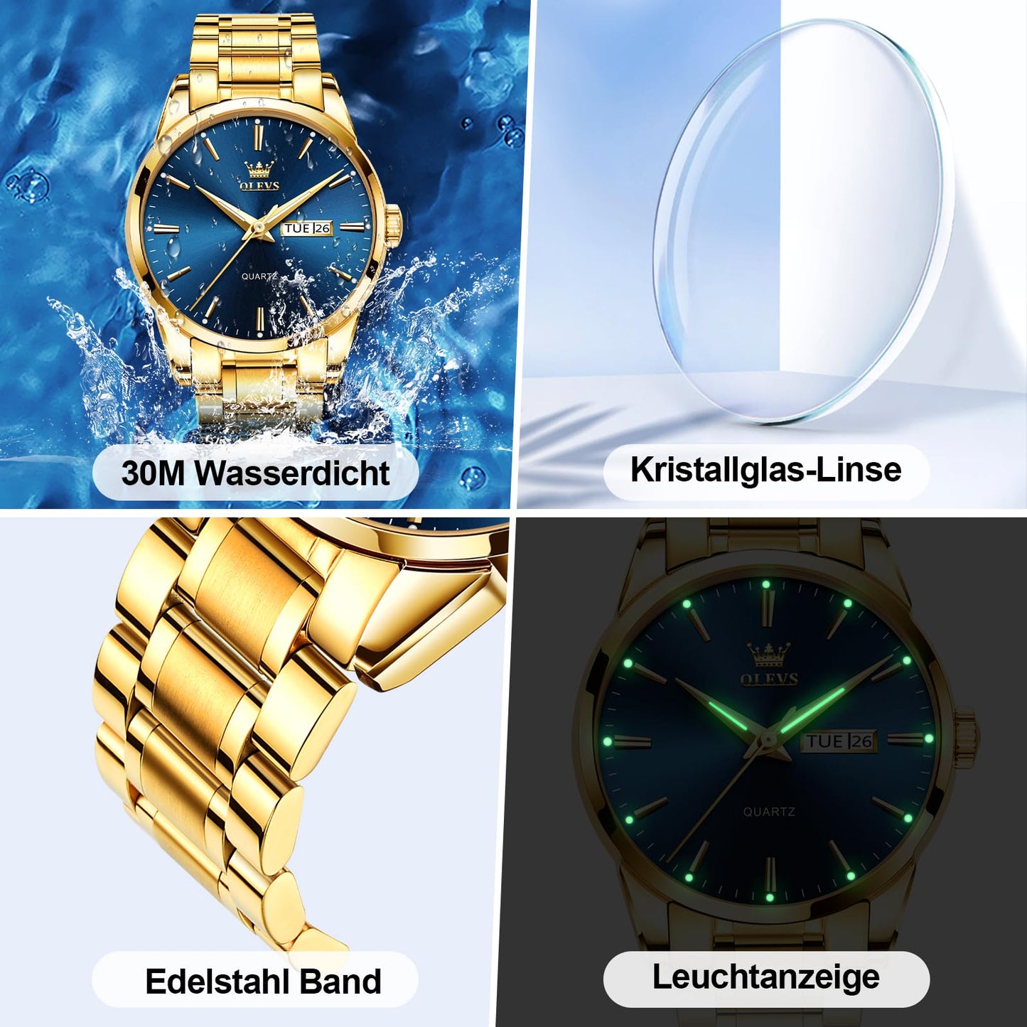 OLEVS Uhren Herren, Analoge Quarz Leucht Armbanduhr, wasserdichte Datum Edelstahl Herrenuhr, Klassische Mode Business Freizeituhren, Elegantes Geschenk für Männer