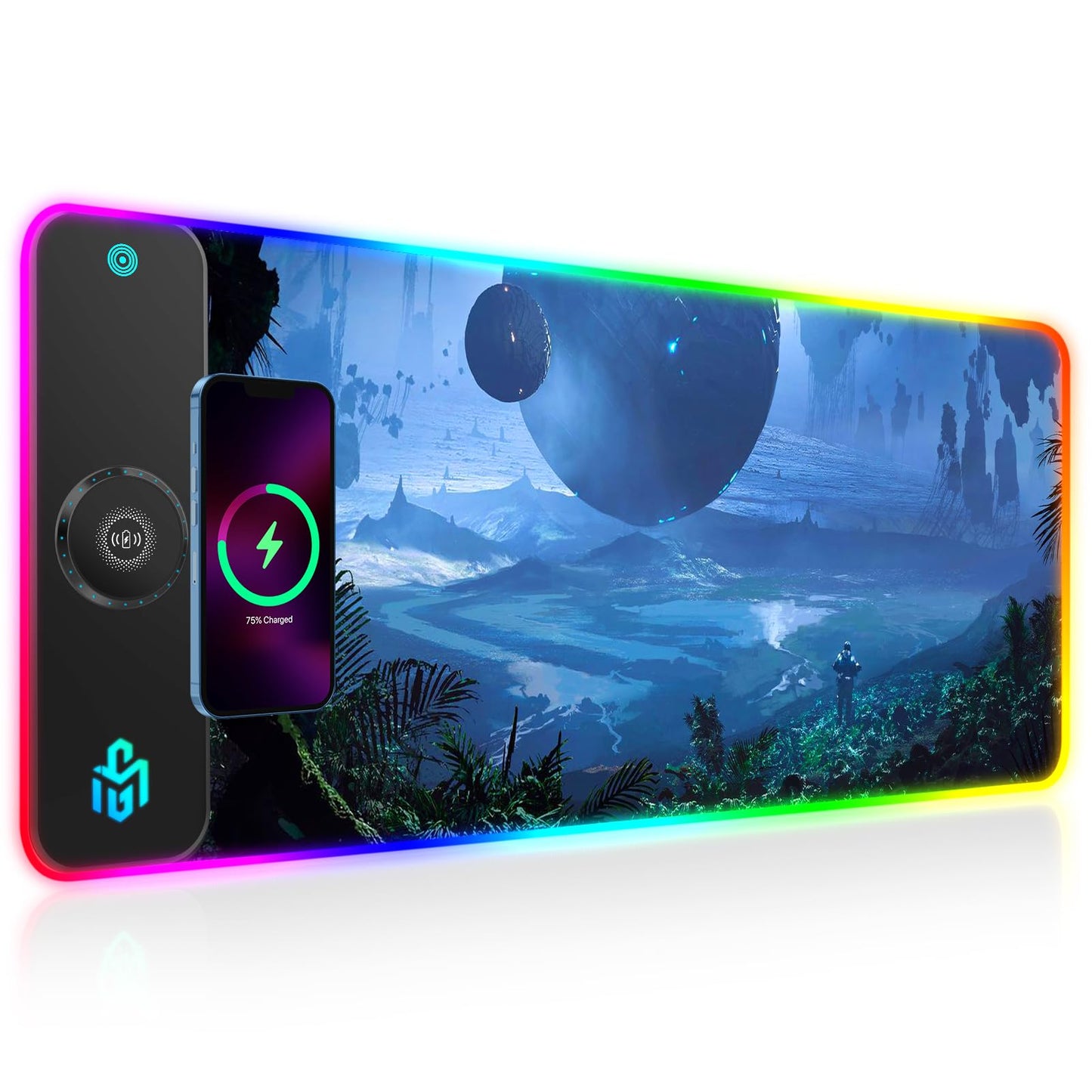 RGB Gaming Mauspad 15W Qi Mousepad LED, 10 Beleuchtungsmodi mit 15W Schnellladung Qi Kabelloses Laden für I-Phone Handy, Kopfhörer, Wasserdicht, rutschfest für Gaming, Schreibtische, PC und Büro