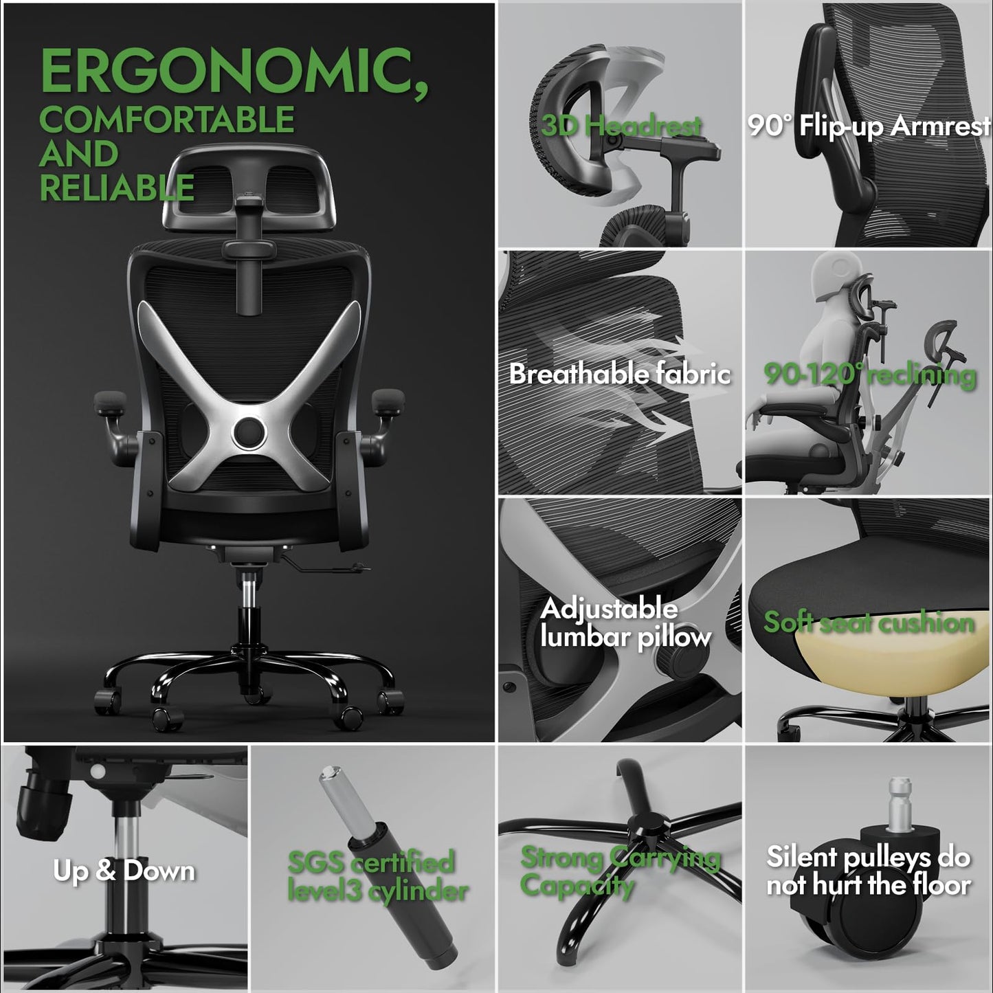 TRALT Ergonomischer Bürostuhl - X-förmiger bequemer Computer-Bürostuhl, Gaming-Stuhl, Bürostuhl mit Lendenwirbelstütze, Netz-Bürostuhl mit Kopfstütze (Grau-Silber)