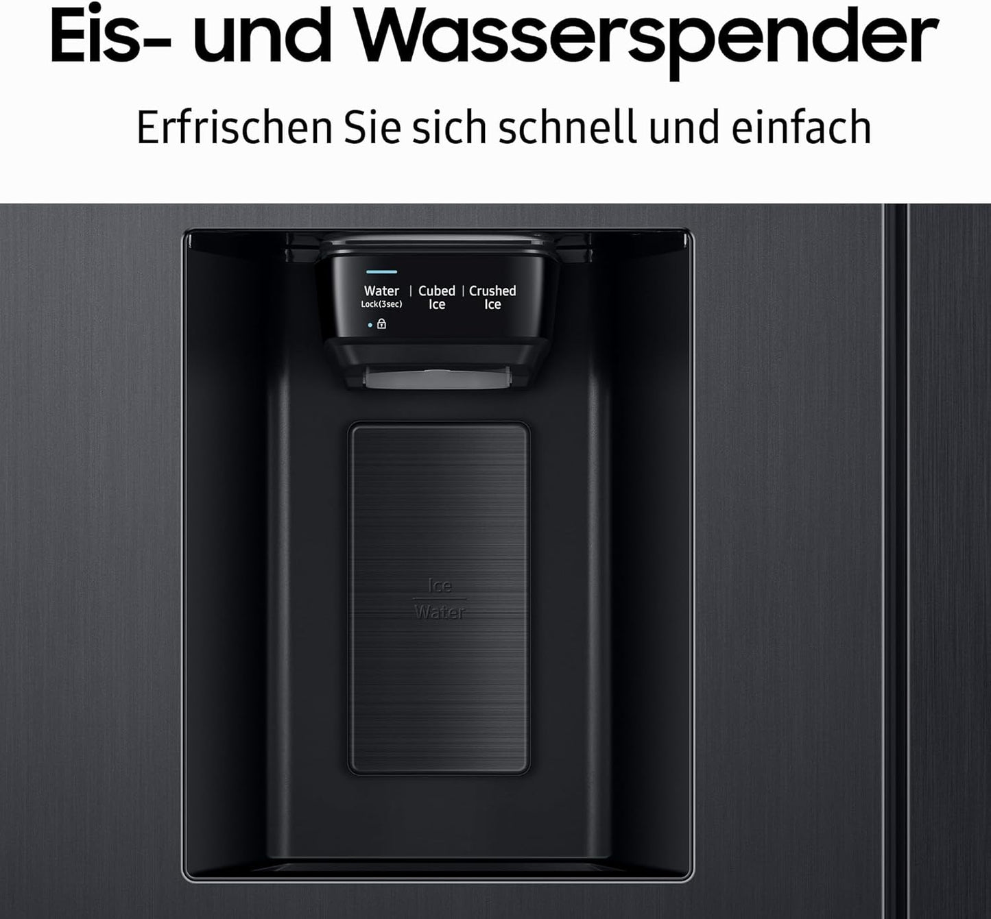 Samsung side-by-side refrigerator with freezer compartment, 178 cm, 634 l total volume, 225 l freezer compartment, AI Energy Mode, water and ice dispenser, fresh water connection, Premium Black Steel