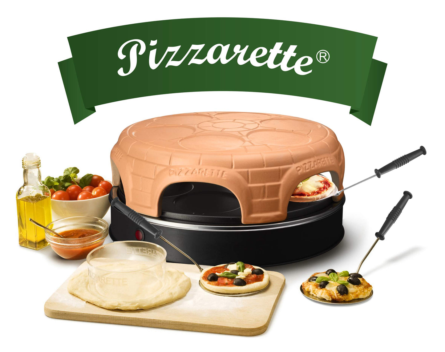 Emerio Pizzaofen, PIZZARETTE das Original, handgemachte Terracotta Tonhaube, patentiertes Design, für Mini-Pizza, echter Familien-Spaß für 8 Personen, PO-116124.1, Pink