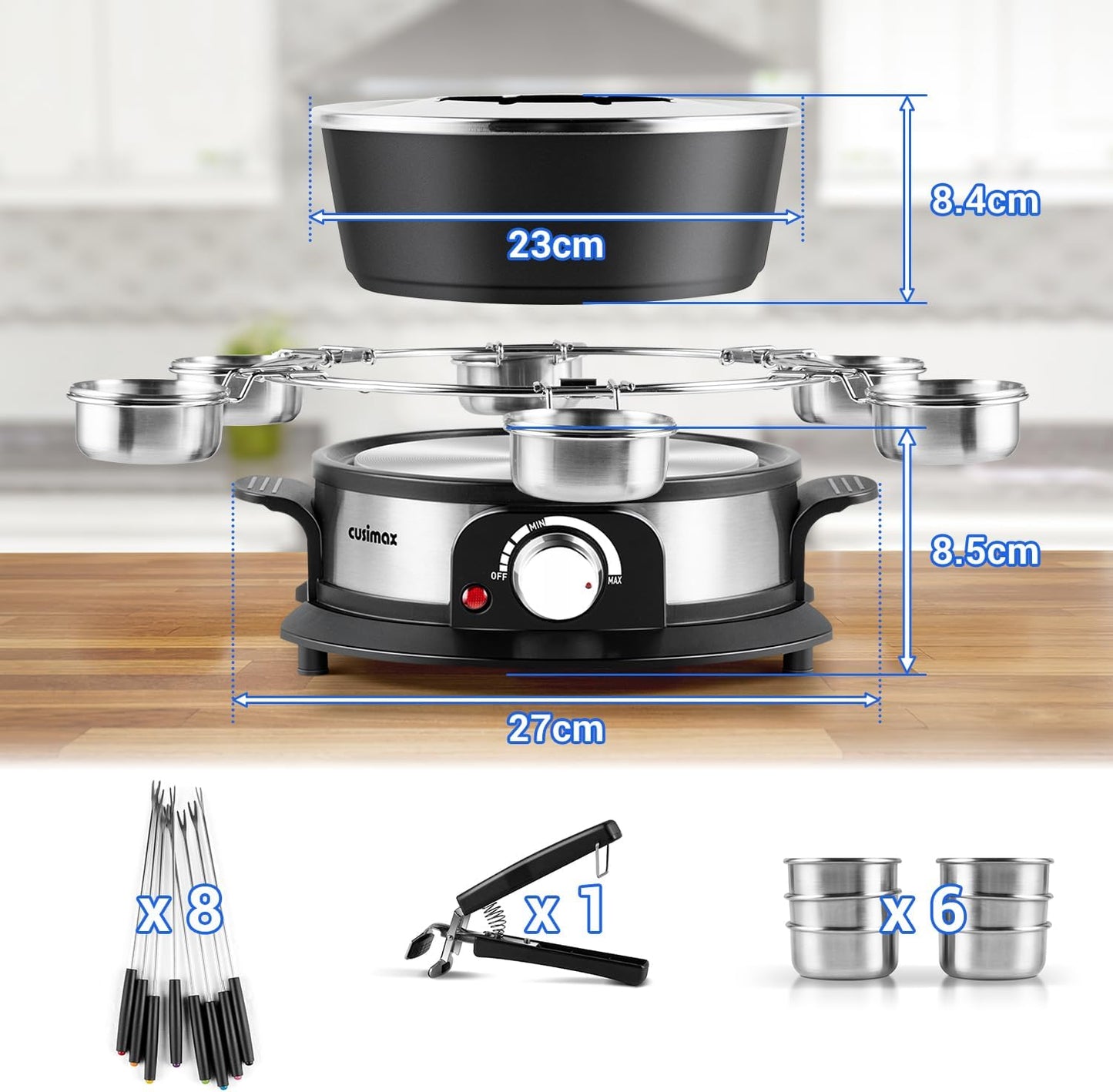 CUSIMAX Elektrisches Fondue-Set mit 1300W Leistungsregelung für Käse, Schokolade, Öl und Brühe, 2L Antihaft-Elektro-Fondue-Topf mit 8 Gabeln, 6 Tassen und abnehmbarem Anti-Verbrühungs-Griff
