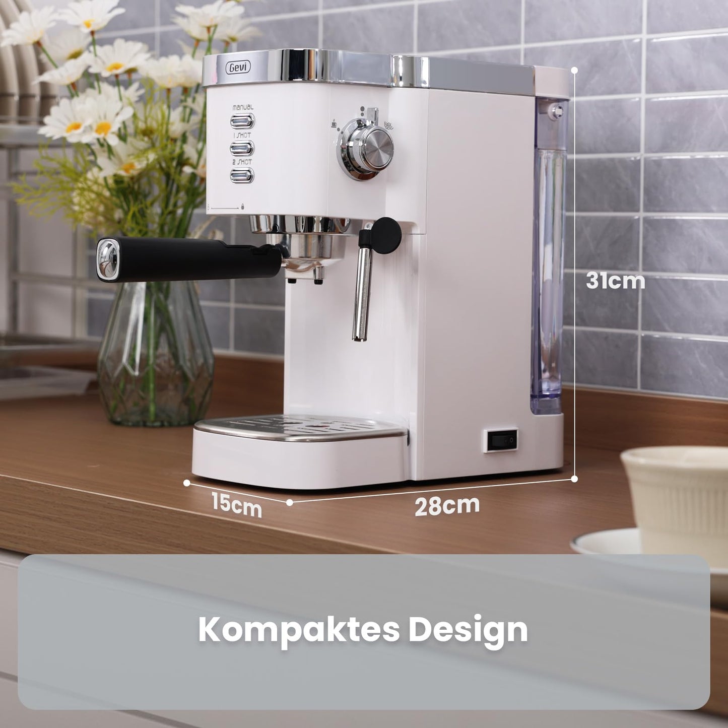 Gevi 20 Bar Espresso Kaffeemaschine Espressomaschine mit professionellem Milchaufschaumdüse, nur 15 cm breit,1350W schnelle Hitze für Cappuccino, Latte & Macchiato, 1,2L Wassertank, Weiß