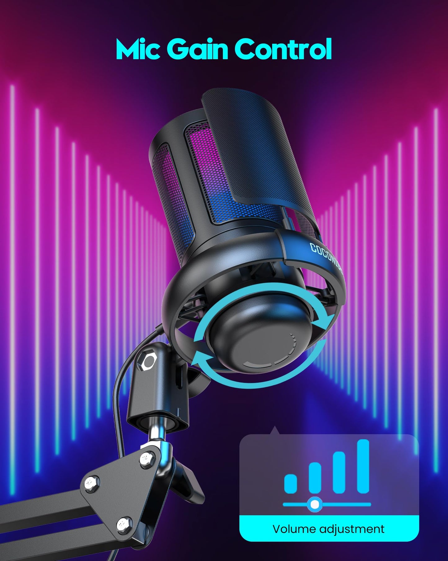 Gaming Mikrofon PC RGB, COCONISE, für Streaming Podcast Studio, USB Microphone für PS4 PS5 Mac, Ein-Klick-Stummschaltung, Mit 3,5-mm-Kopfhöreranschluss,Drehregler zum Einstellen der Lautstärke