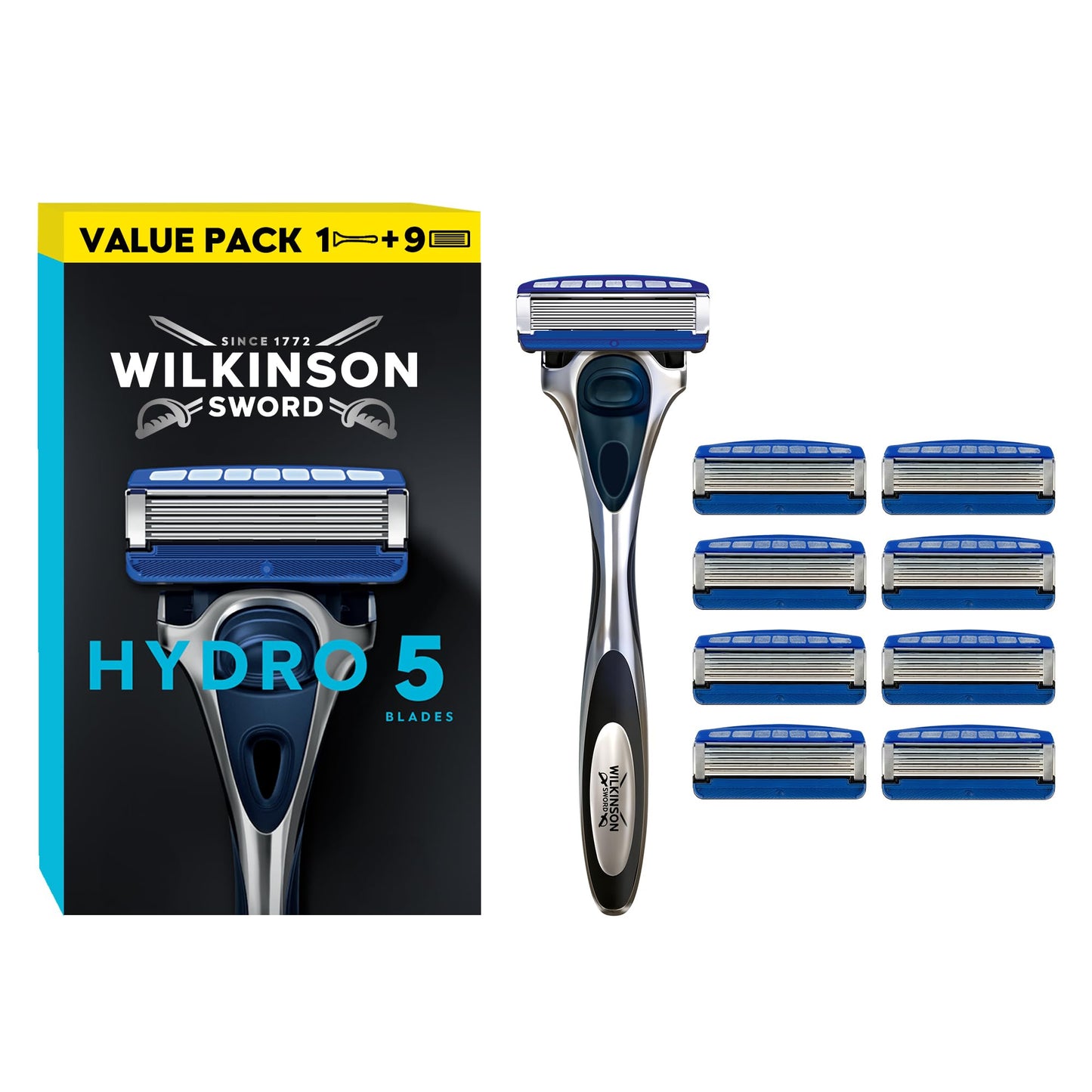 Wilkinson Sword - Hydro 5 Rasierer für Männer, Rasiergriff + 13 Rasierklingen, Feuchtigkeitsspendende Gel-Pools und umklappbarer Trimmer