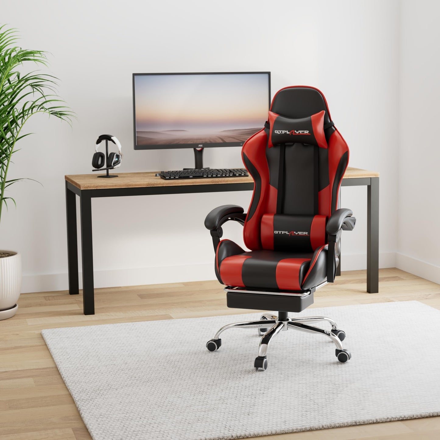 GTPLAYER Office Chair Gaming Chair Massage Gaming Armchair Ergonomic Gamer Chair with Footrest, Headrest Massage Lumbar Cushion, Padded Gaming Chair, Swivel Chair White