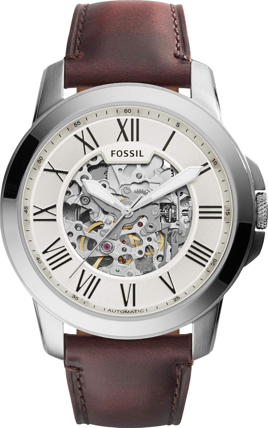 Fossil Herrenuhr Grant, mechanisches Automatikwerk, 45mm Silbernes Edelstahlgehäuse mit Lederarmband, ME3099