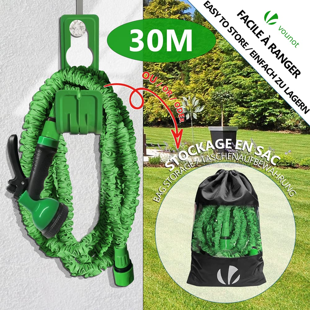 VOUNOT® Flexibler Gartenschlauch 30 m, Flexibel Wasserschlauch Dehnbarer mit 10 Sprühfunktionen, Schnelladaptern und Wandhalterung, Schwarz
