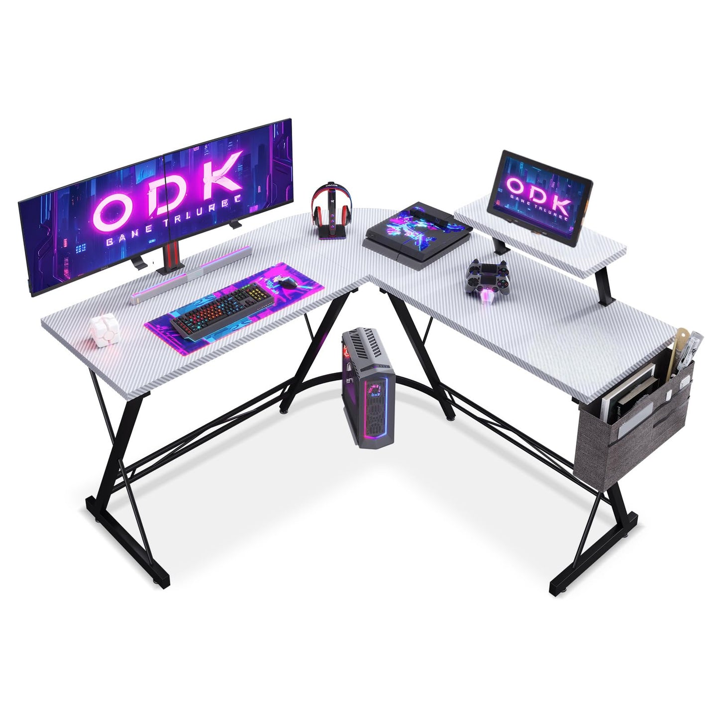 ODK Gaming Tisch, Gaming Schreibtisch Eckschreibtisch für Gamer, Schreibtisch L Form mit Monitorständer für Büro (Schwarz, 127 x 127 cm)