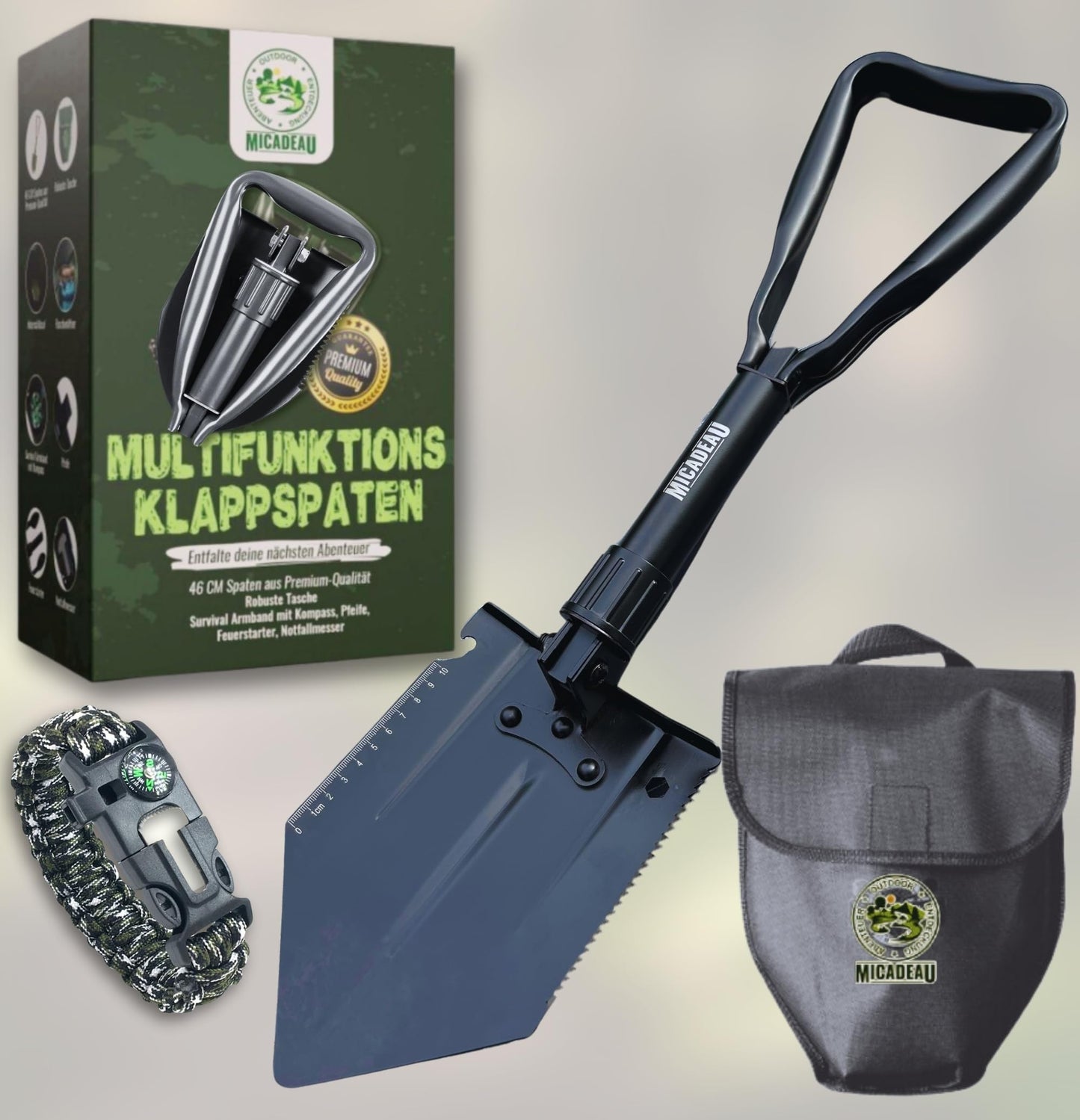 MiCadeau Klappspaten, Ostergeschenk, Geburtstagsgeschenk für Männer, Garten Spaten, Schaufel aus robustem Karbonstahl m. Gürteltasche, ideal fürs Abenteuer, Zelten, Outdoor, Autozubehör (Schwarz)