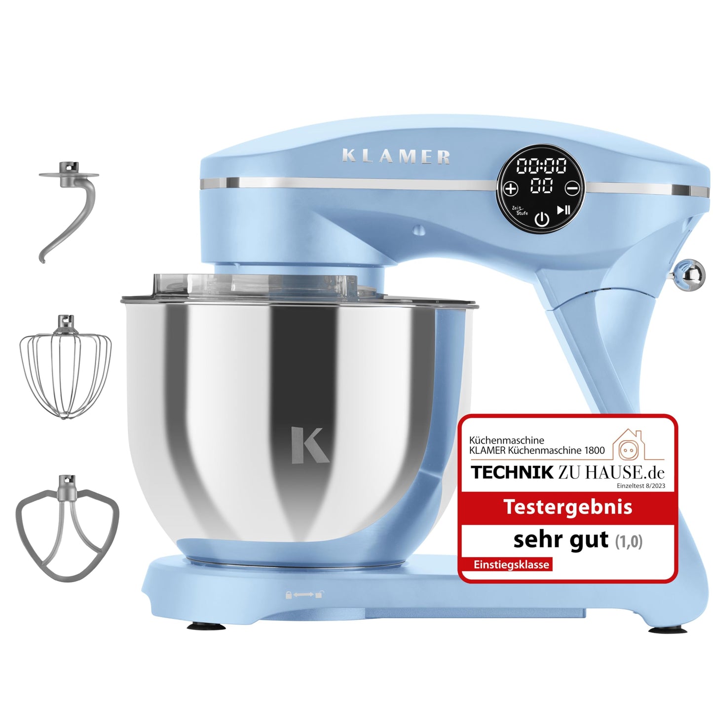 KLAMER Küchenmaschine 1800W, Knetmaschine Brotteig mit Edelstahl-Rührschüssel 6 L, 10 Stufen mit Timer, Planetenrührwerk, Rührbesen, Knethaken, Schneebesen & Sichtdeckel (schwarz)