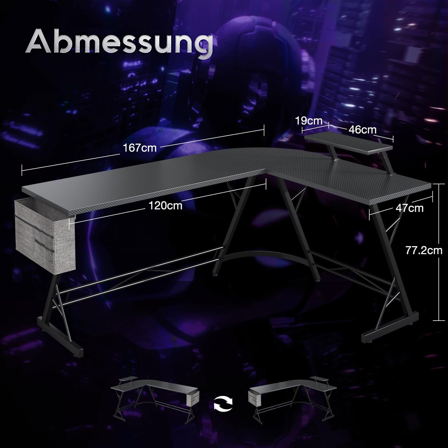 ODK Gaming Tisch, Gaming Schreibtisch Eckschreibtisch für Gamer, Schreibtisch L Form mit Monitorständer für Büro (Schwarz, 127 x 127 cm)