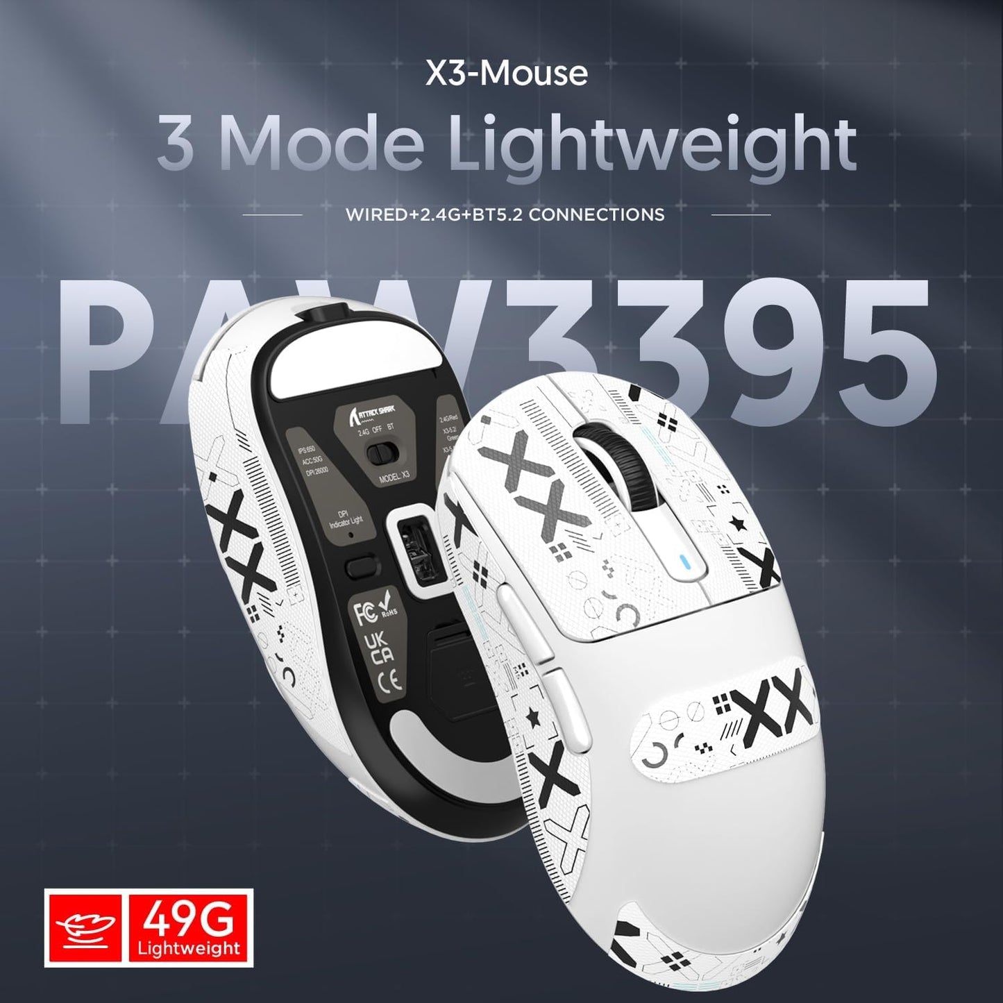 ATTACK SHARK X3 49g Ultralight Mouse, PixArt PAW3395 Gaming Sensor, BT/2.4G Wireless/Wired Gaming Mouse, 26000 DPI, 200 Hours Battery, Office Mice for Win11/Xbox/PS/Mac (White)