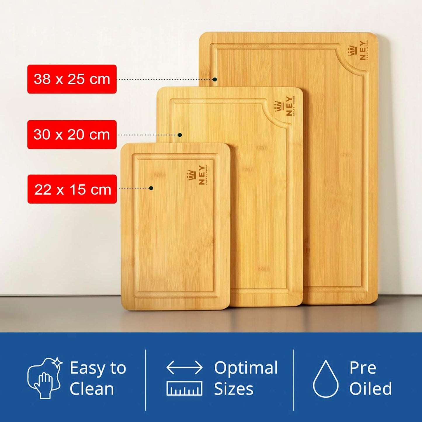 Bambus Schneidebrett Holz (3er Set) Wooden Cutting Board (38x25 / 30x20 / 22x15cm) Perfekte Holzschneidebrett für Brot, Fleisch, Obst