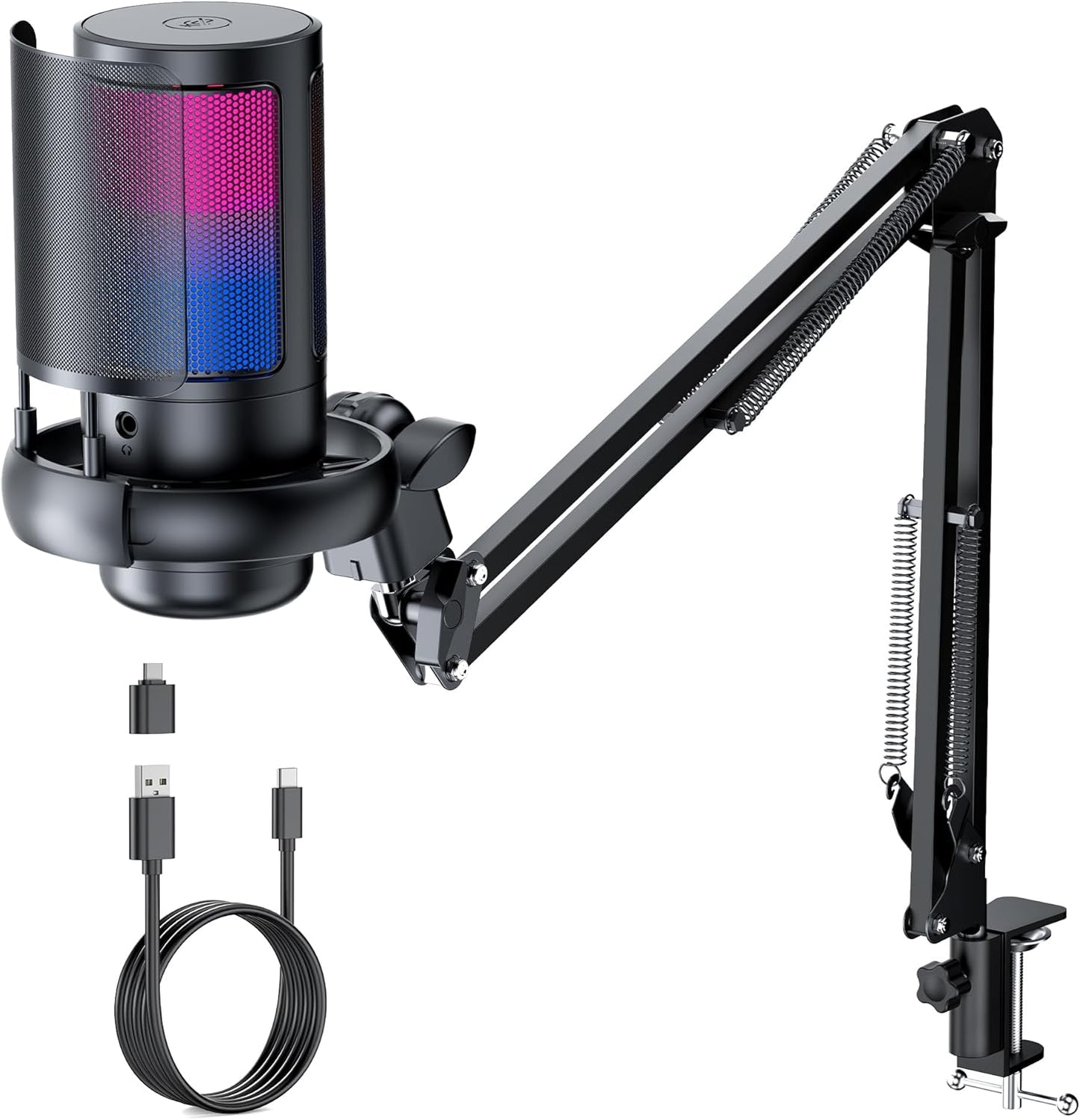 QIUOIO Gaming Mikrofon PC: USB Mikrofon Mit Arm - RGB Podcast Mikrofon - Streaming Mikrofon - Microphone for PC - Gaming Mic Fuer PS4/PS5/MAC - USB Micro PC - Gaming Mic