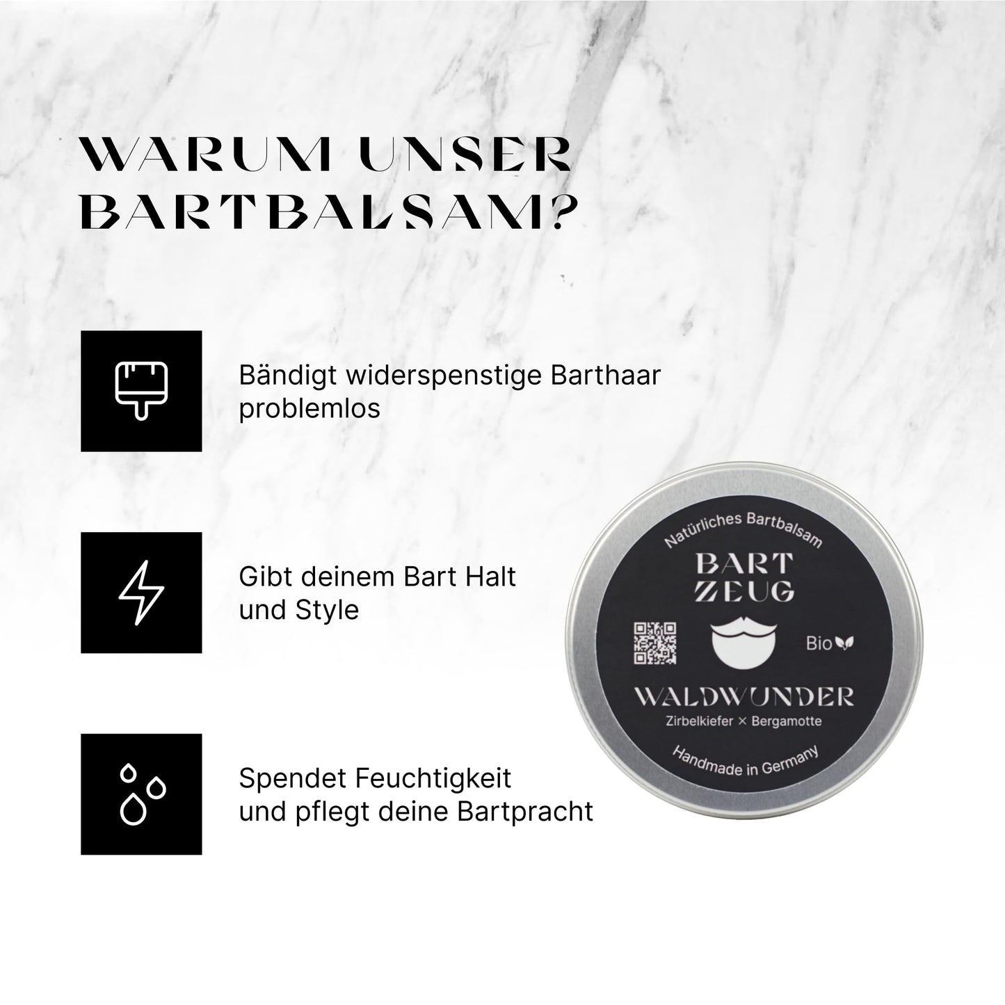BARTZEUG Bartbalsam Waldwunder・Zirbelkiefer x Bergamotte・100% natürliches Bartbalm・Hält deinen Bart in Form ・Bartpflege für den Mann・50ml・Made in Germany