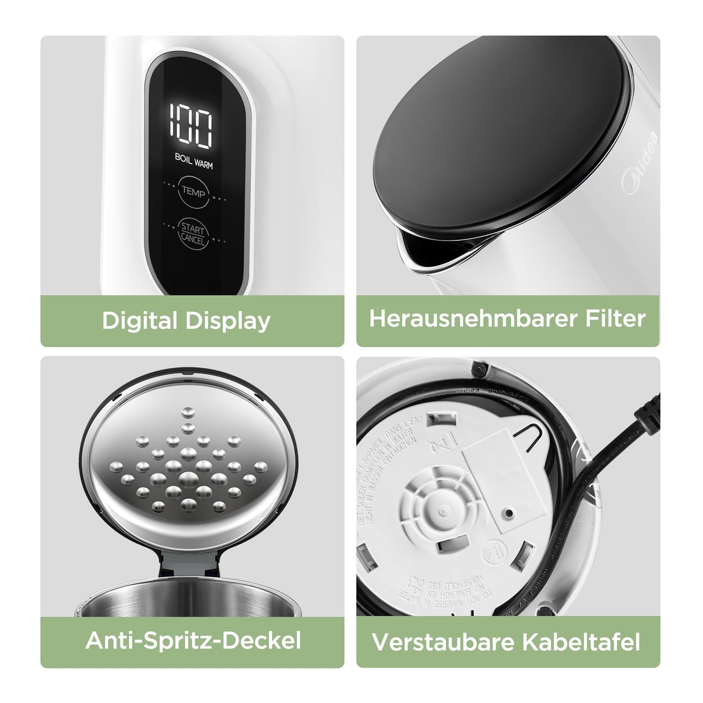 Midea Wasserkocher mit Temperatureinstellung (40, 60, 70, 80, 90, 100 Degree C),Edelstahl 1,7 Liter,Kettle 2200W mit Sichtfenster, Warmhaltefunktion für 60 Min