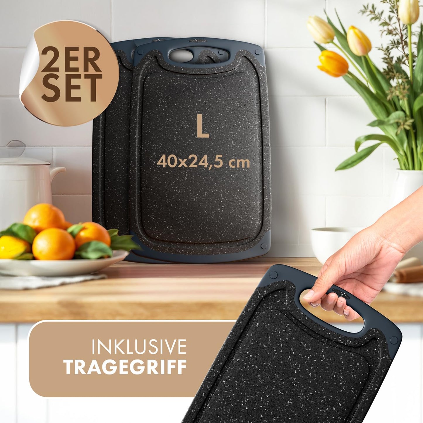 Blumtal Schneidebrett Set mit 3 Größen (S/M/L) - Schneidebrett Kunststoff groß + Saftrillen & Griff - Cutting Board - Küchenbrett BPA frei - Schneidbrett Spülmaschinenfest - Schneidebretter Grau