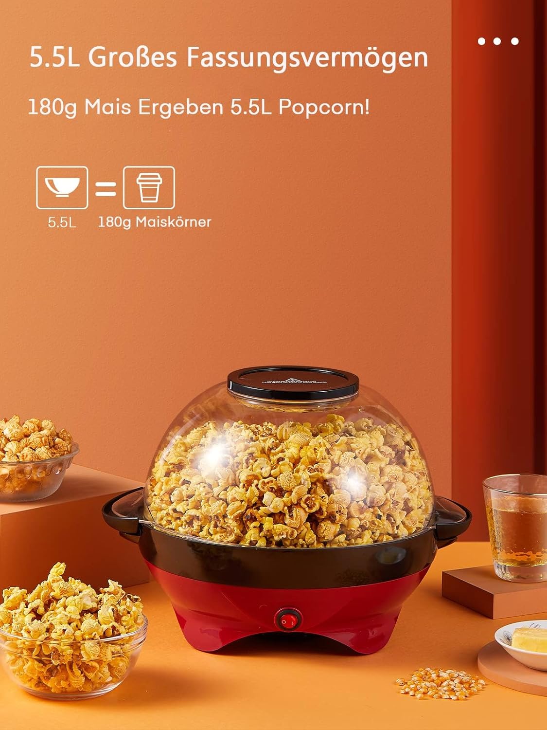 Popcornmaschine - 5.5L Großer Inhalt - HOUSNAT 800W Zuhause Popcorn Maker Machine mit Antihaftbeschichtung und Abnehmbares Heizfläche - Stille und Schnelle - Maschine