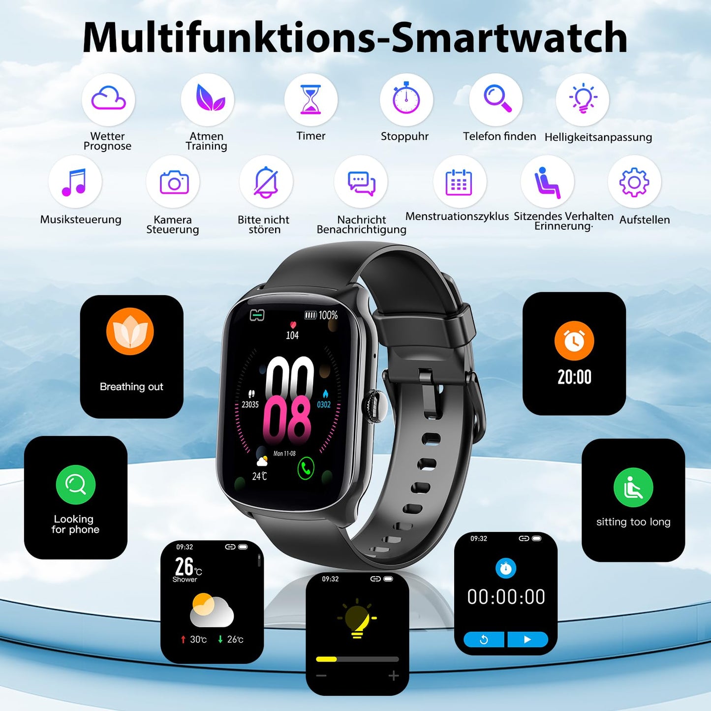 Smartwatch Herren Damen, 1,95" HD Gebogener Bildschirm Smart Watch, mit Bluetooth Anrufe, Pulsmesser/Schlafmonitor, 112+ Sportmodi Fitnessuhr, IP68 Wasserdicht Schrittzähler Sportuhr für Android iOS