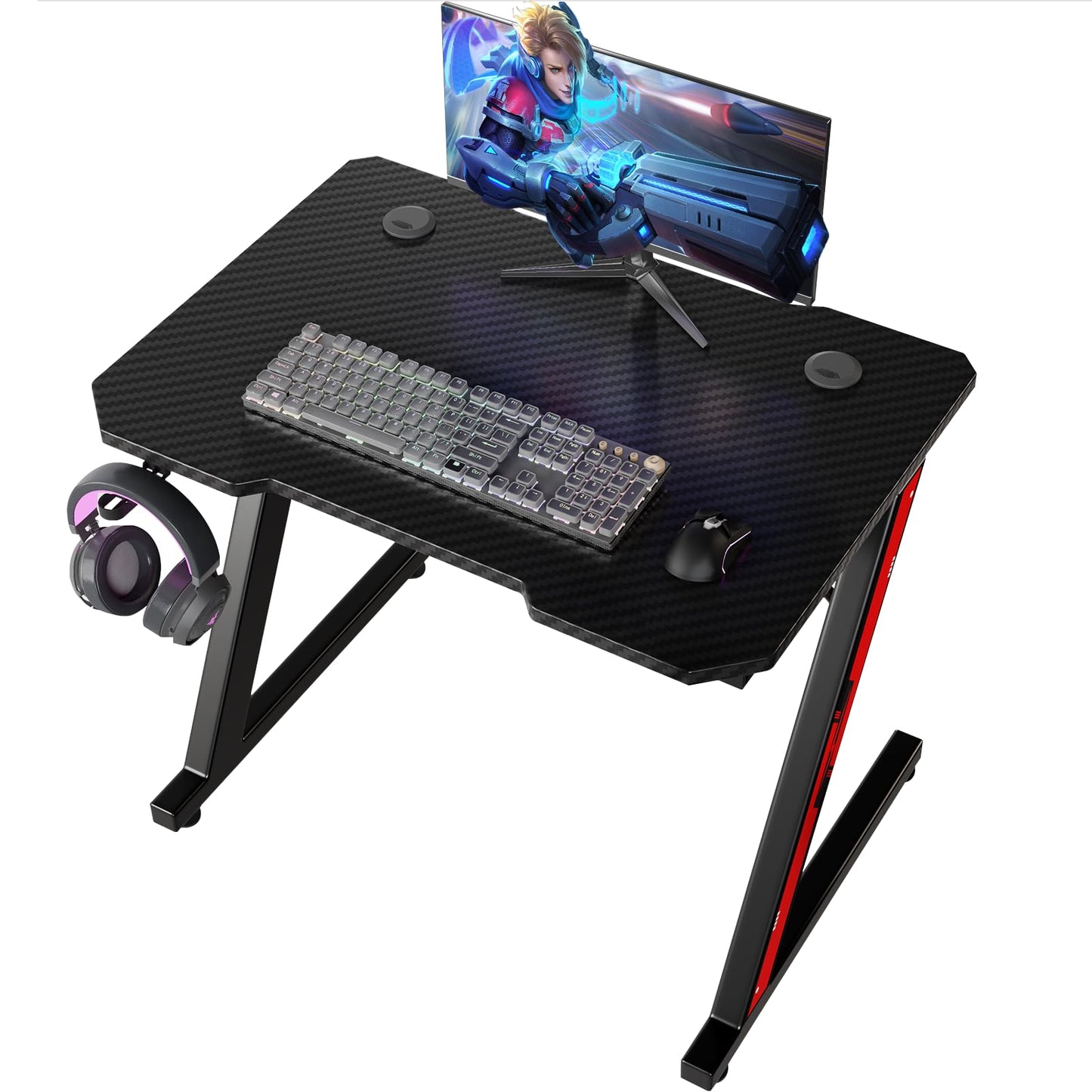 Homall Gaming Table, 80 x 52 cm, Z-Frame Gamer Desk with Headphone Hooks & Drink Holder, Carbon Coating, Ergonomic PC Computer Desk, Sturdy Table