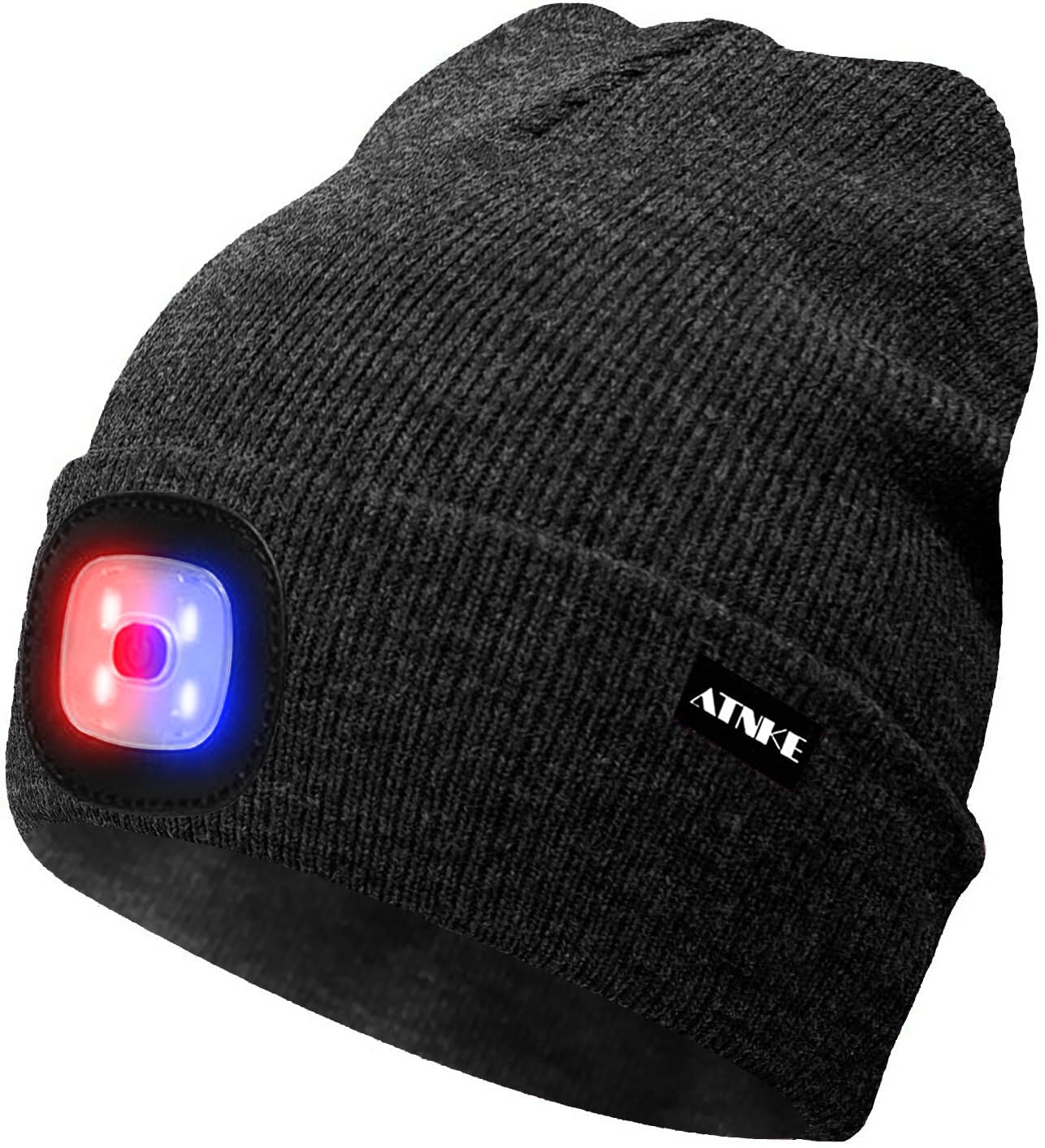 ATNKE LED Beleuchtete Mütze,Wiederaufladbare USB 4 LED Rot und Blau Leuchten Blinkender Laufmütze mit Licht Extrem Heller Lampe Winter Warme für Herren und Damen Geschenke