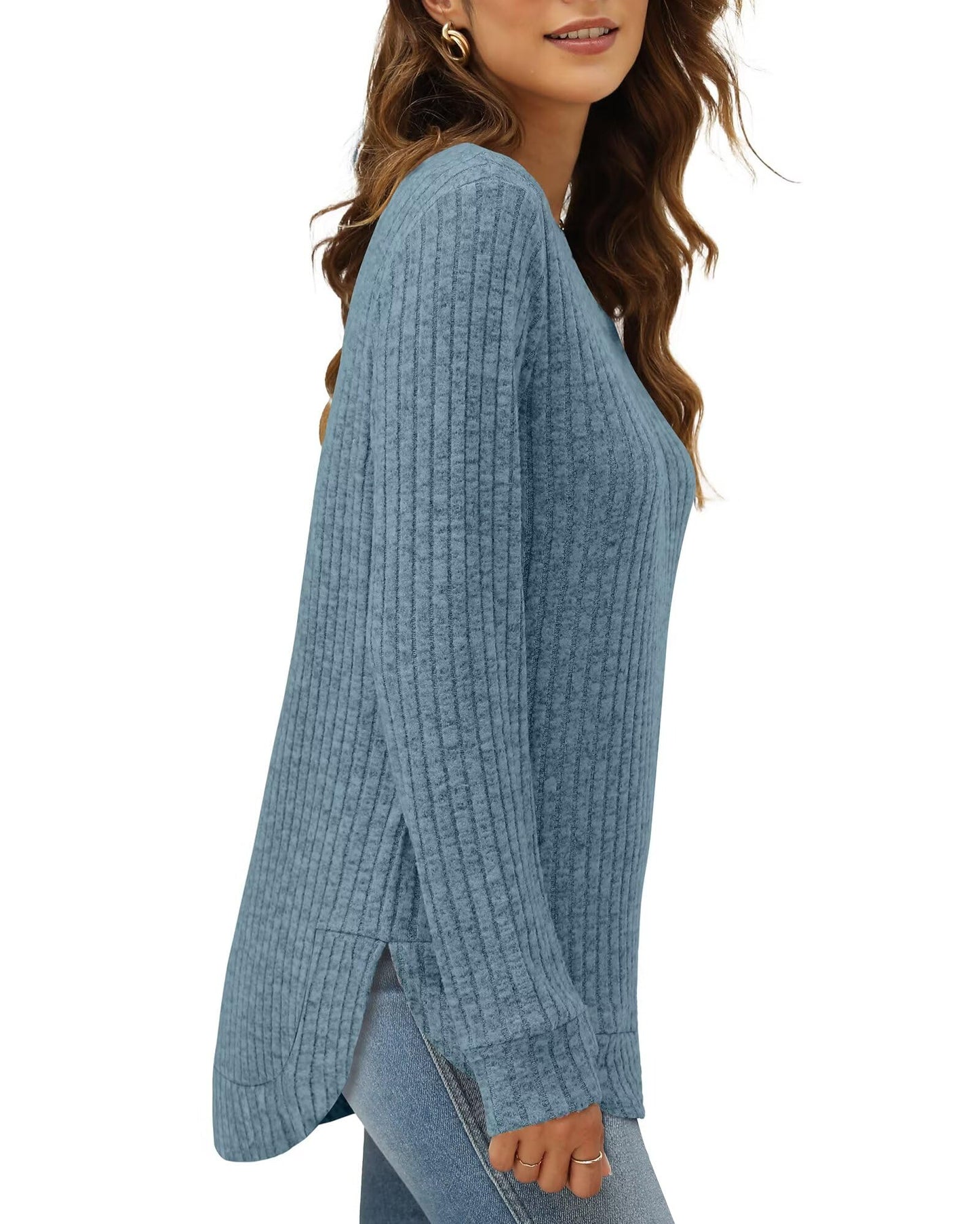 XIEERDUO Women's Pullover Sweater – Curved Hem Knit Sweatshirt
