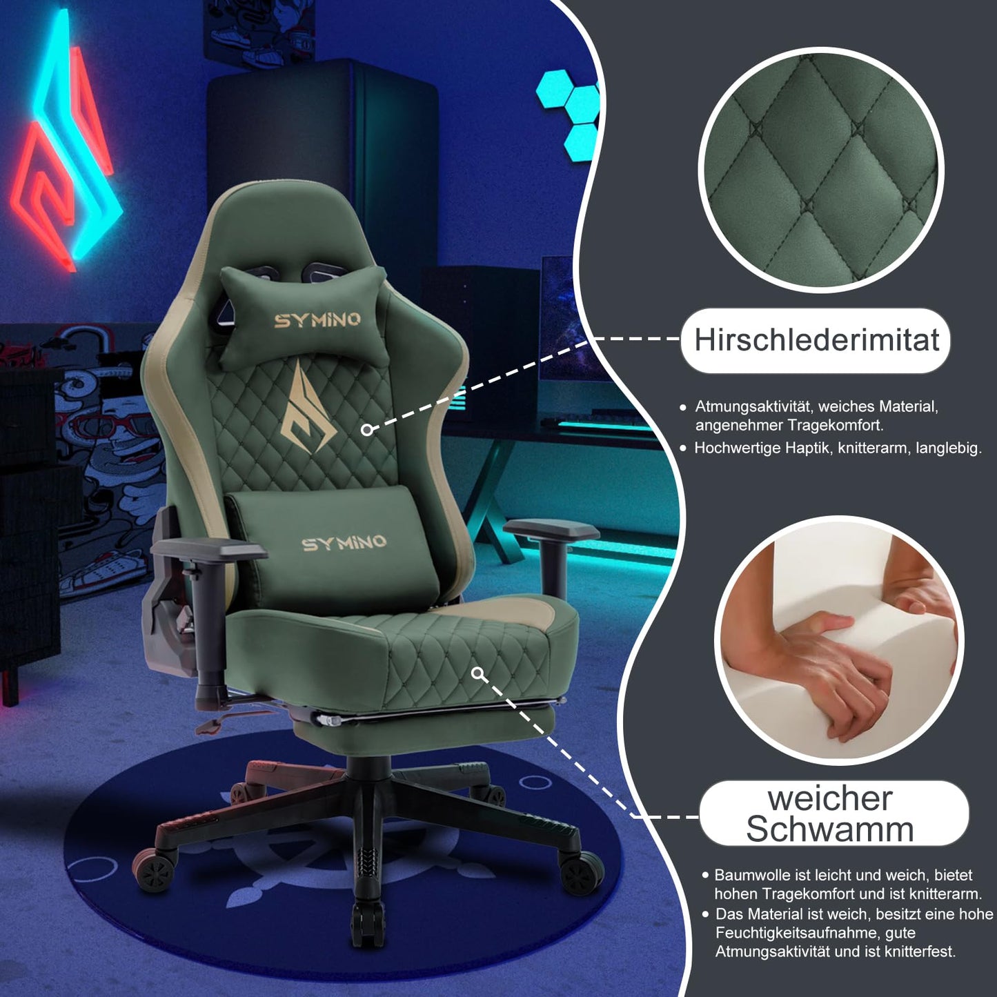 symino Gaming Stuhl, Ergonomischer Bürostuhl, Rennstuhl-Design PC Stuhl, Vintage-PU-Leder, Verstellbarer Drehbarer Task Stühle mit Fußstütze (Schwarz)
