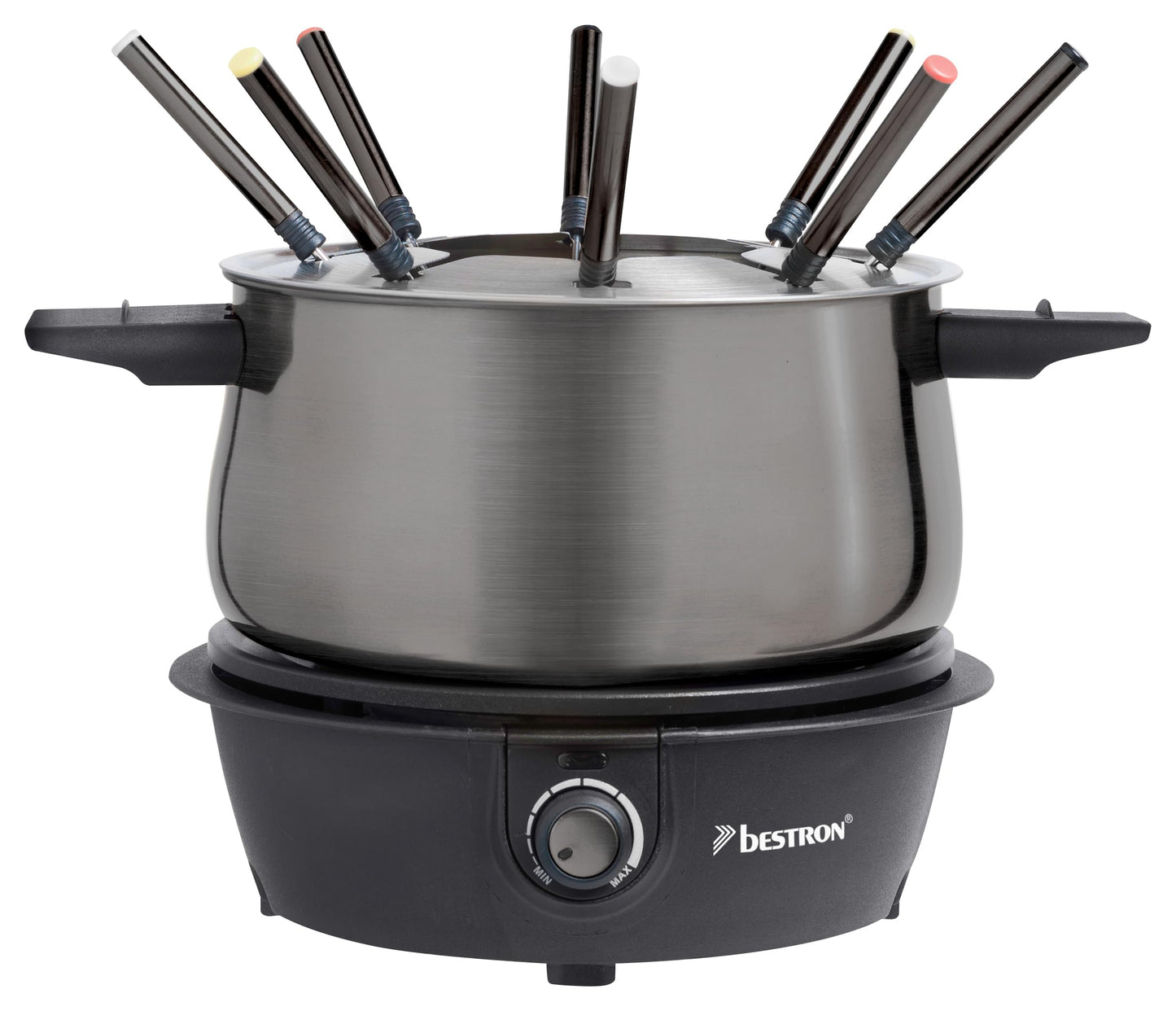 Bestron elektrische Fondue Set für bis zu 8 Personen, mit 8x Fonduegabeln & stufenlosen Thermostat, inkl. Spritzschutz, Farbe: Kupfer