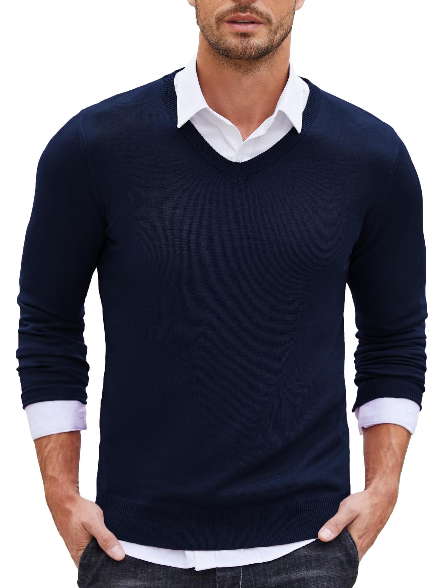 COOFANDY Men’s V-Neck Knit Sweater – Classic Long Sleeve Pullover